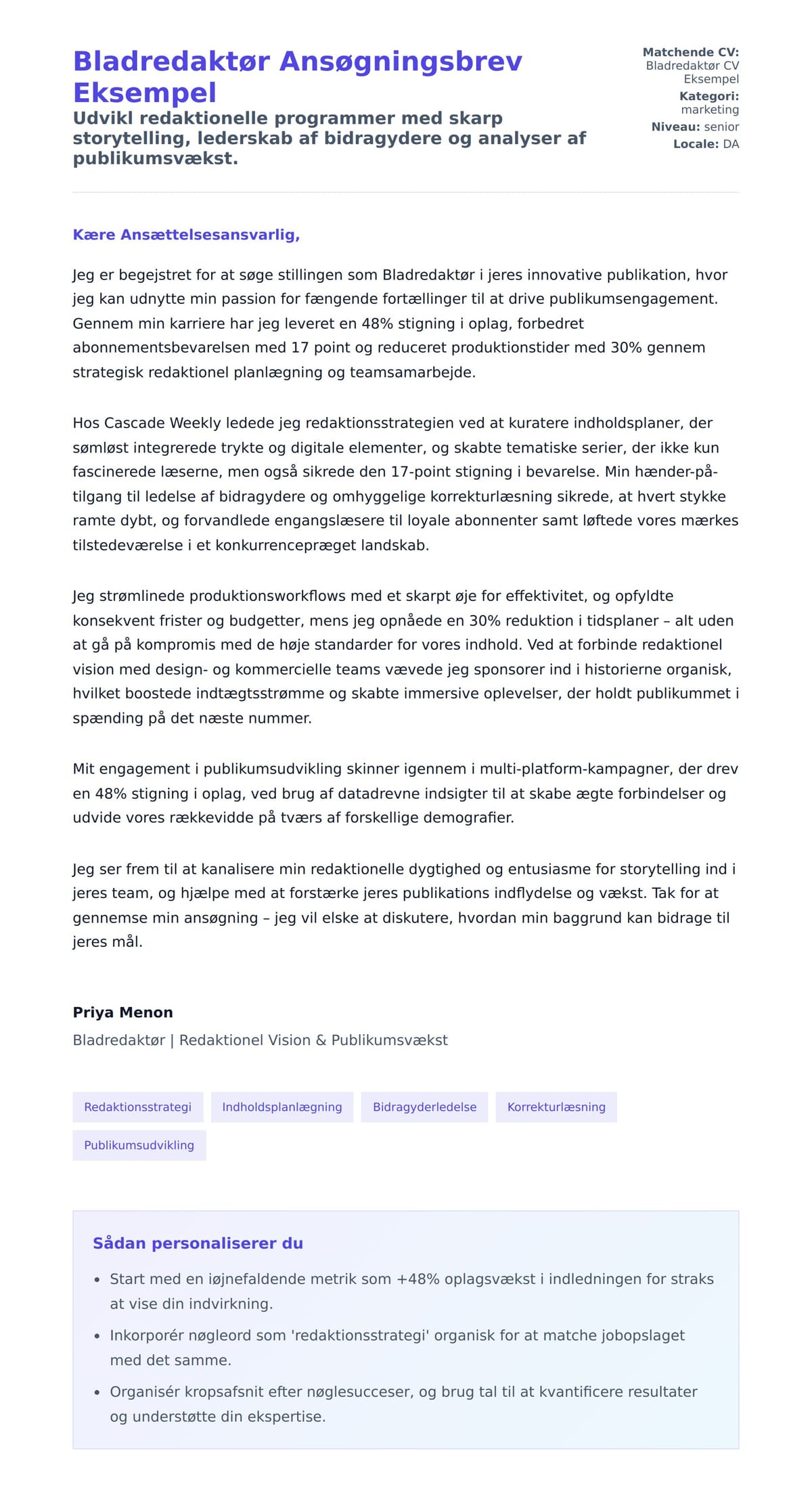 Ansøgningsbrev forhåndsvisning for Bladredaktør Ansøgningsbrev Eksempel