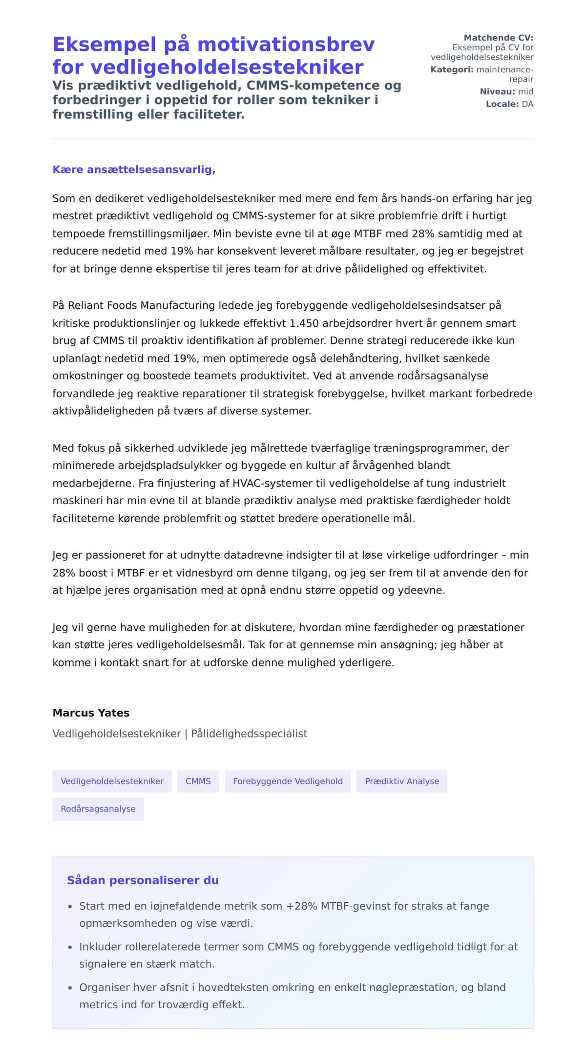 Ansøgningsbrev forhåndsvisning for Eksempel på motivationsbrev for vedligeholdelsestekniker