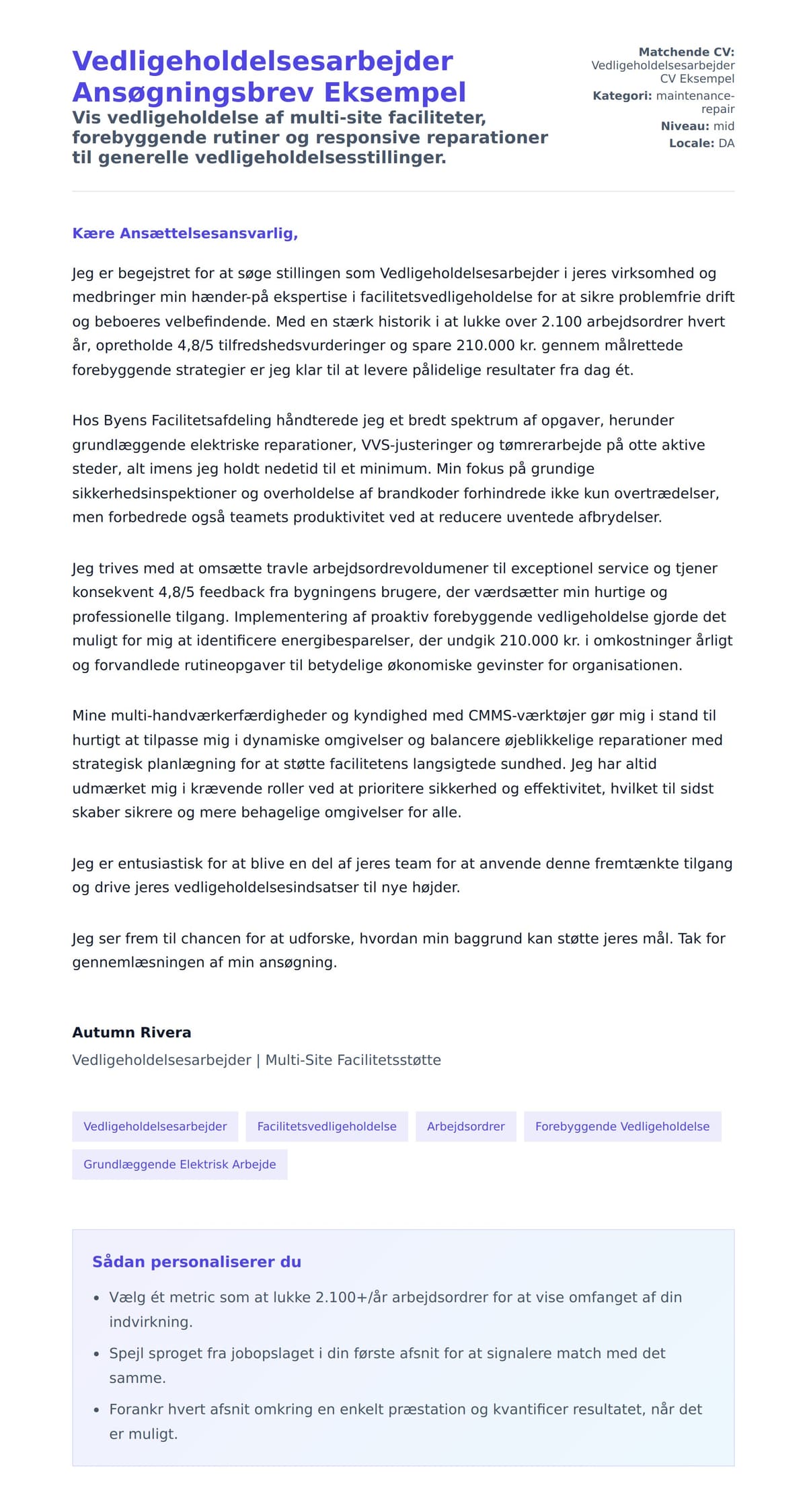 Ansøgningsbrev forhåndsvisning for Vedligeholdelsesarbejder Ansøgningsbrev Eksempel