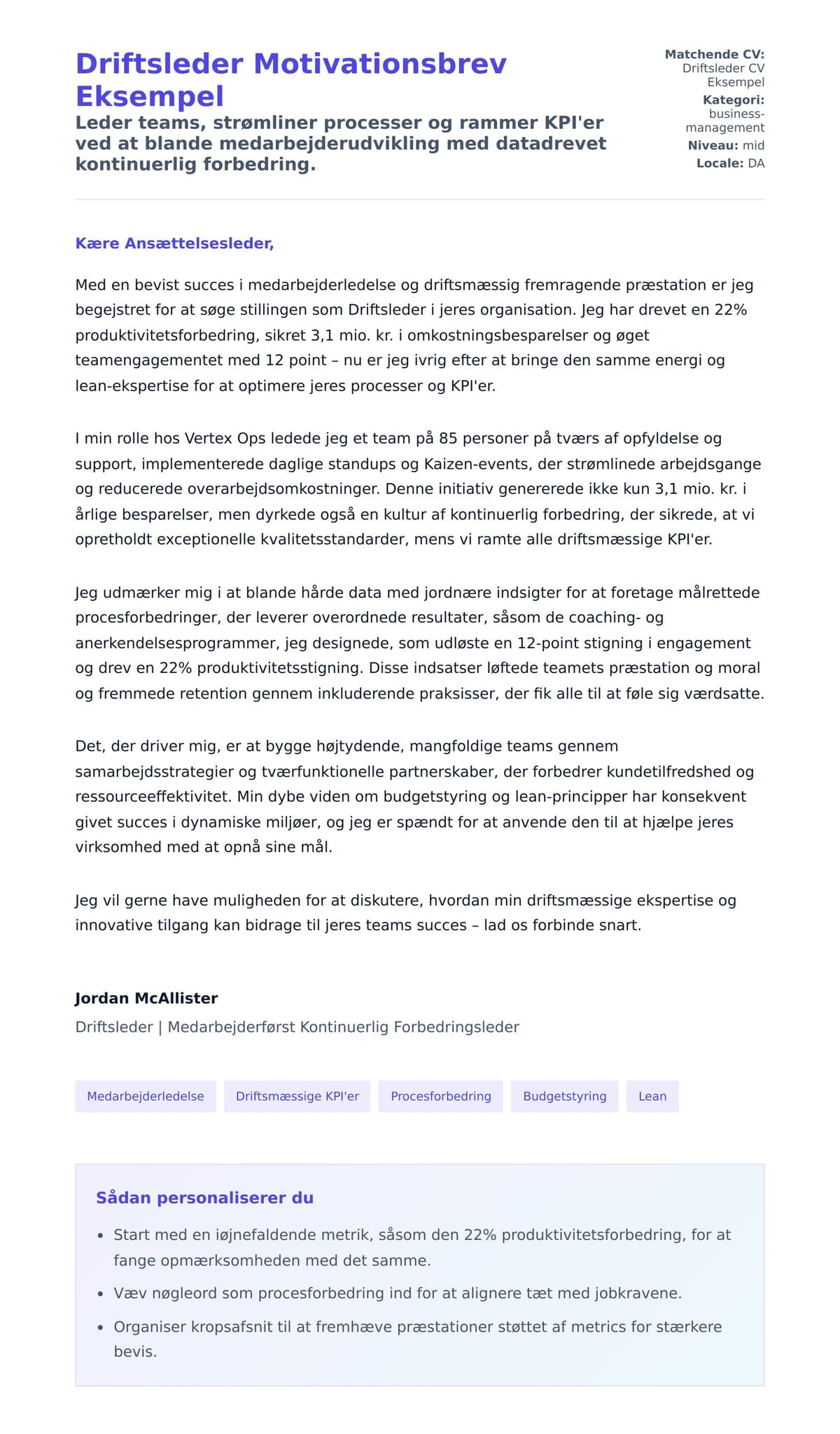 Ansøgningsbrev forhåndsvisning for Driftsleder Motivationsbrev Eksempel