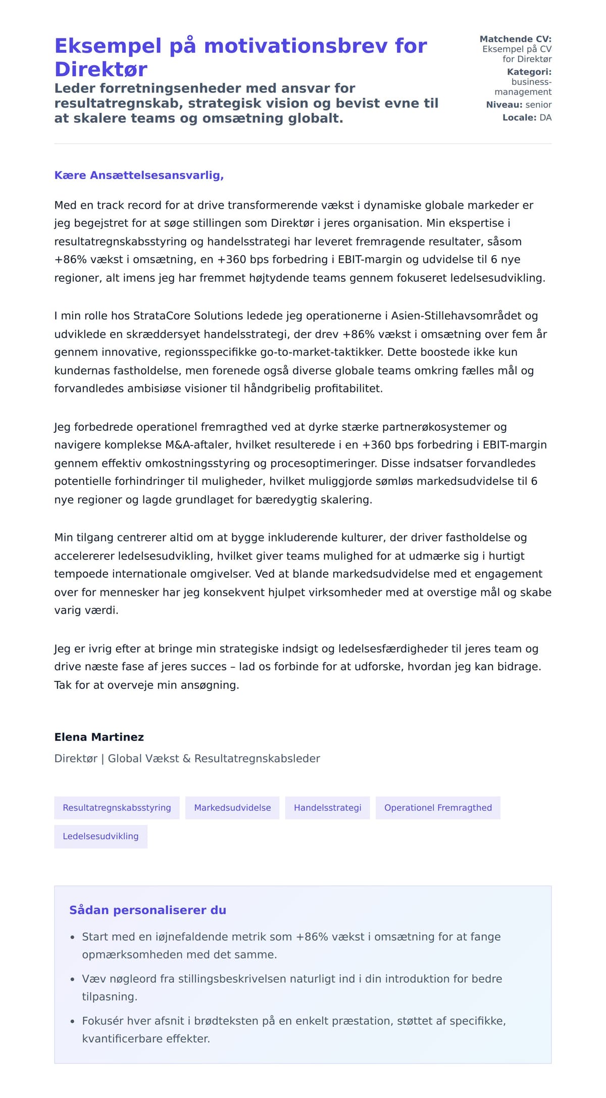 Ansøgningsbrev forhåndsvisning for Eksempel på motivationsbrev for Direktør