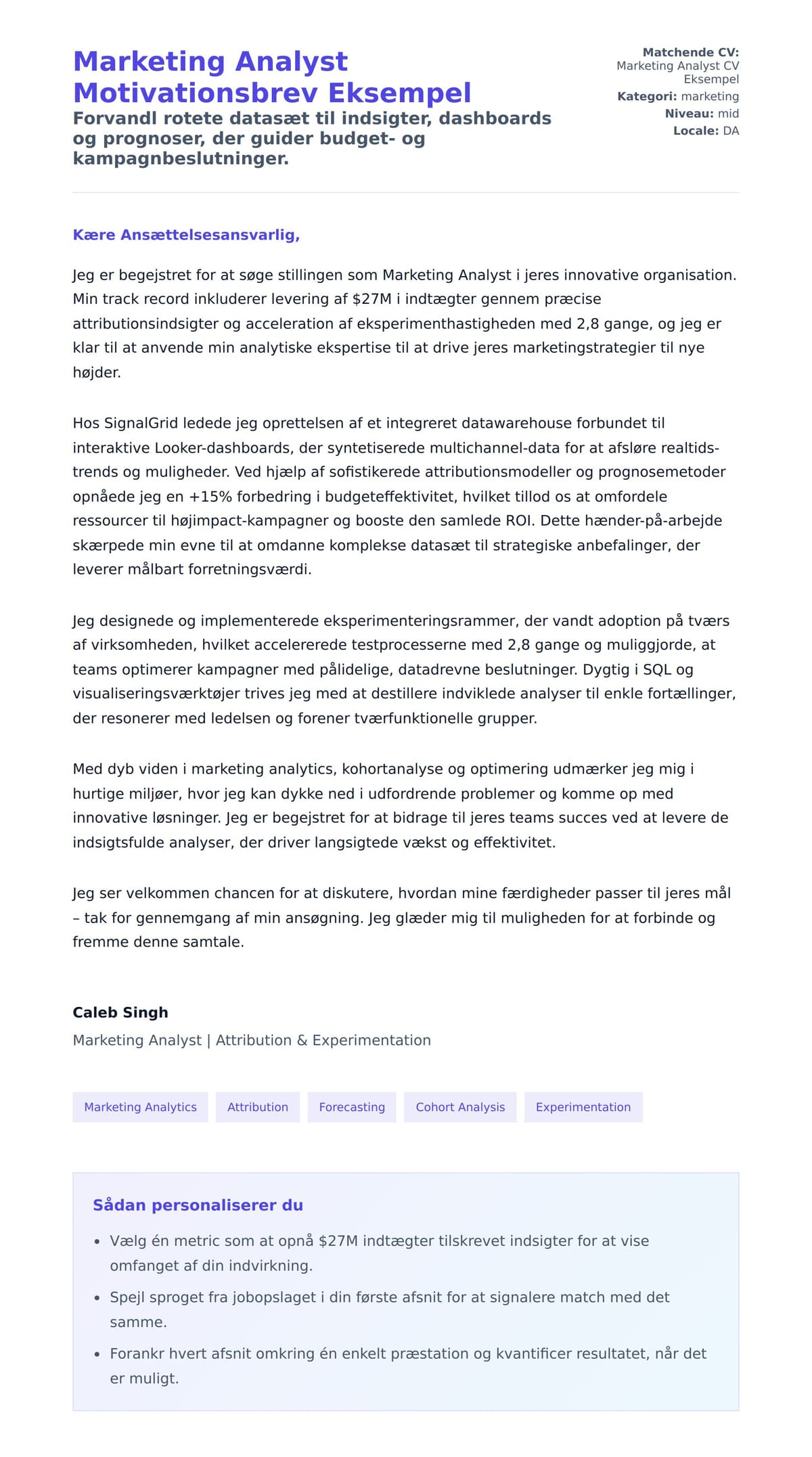 Ansøgningsbrev forhåndsvisning for Marketing Analyst Motivationsbrev Eksempel