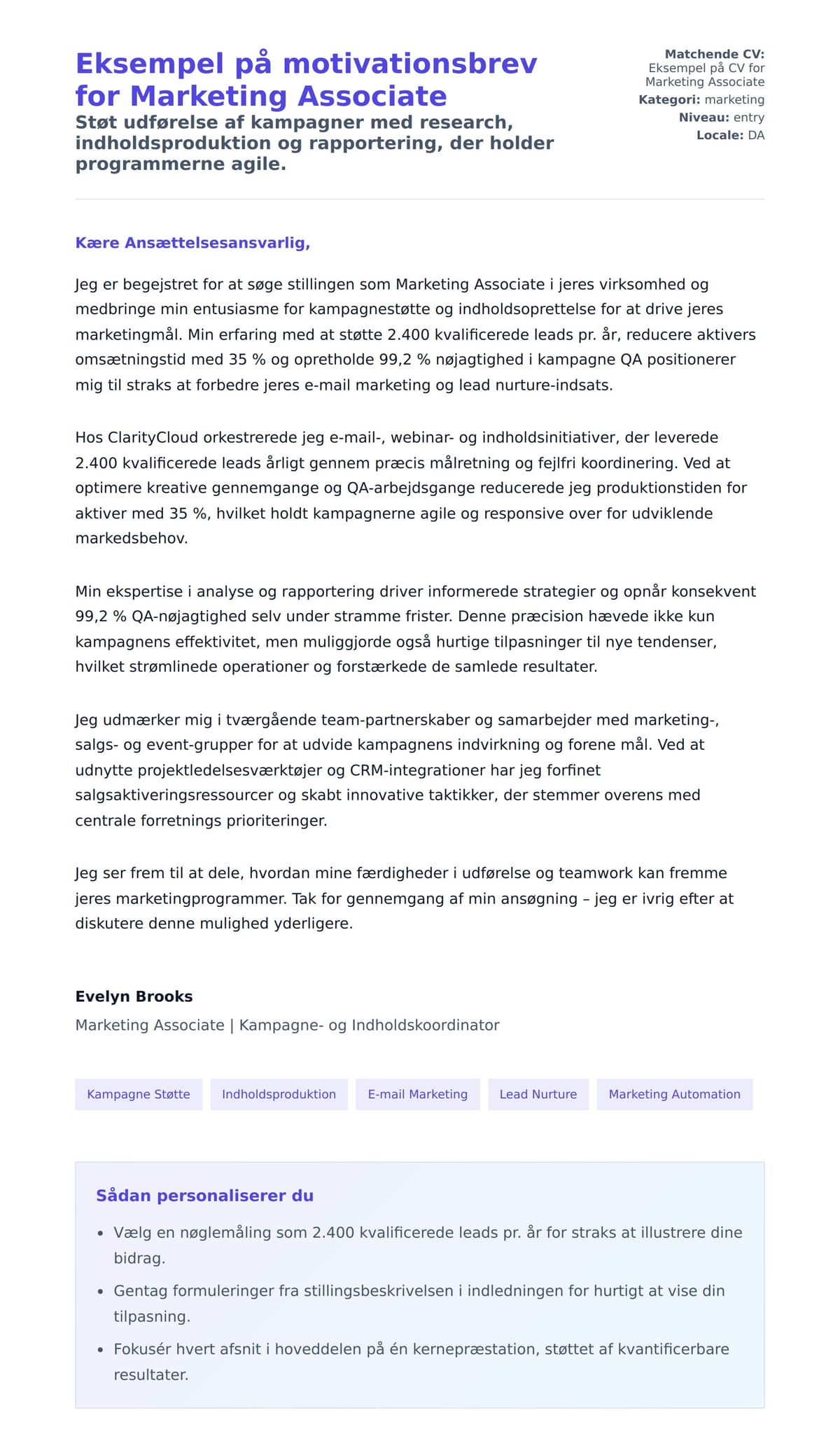 Ansøgningsbrev forhåndsvisning for Eksempel på motivationsbrev for Marketing Associate