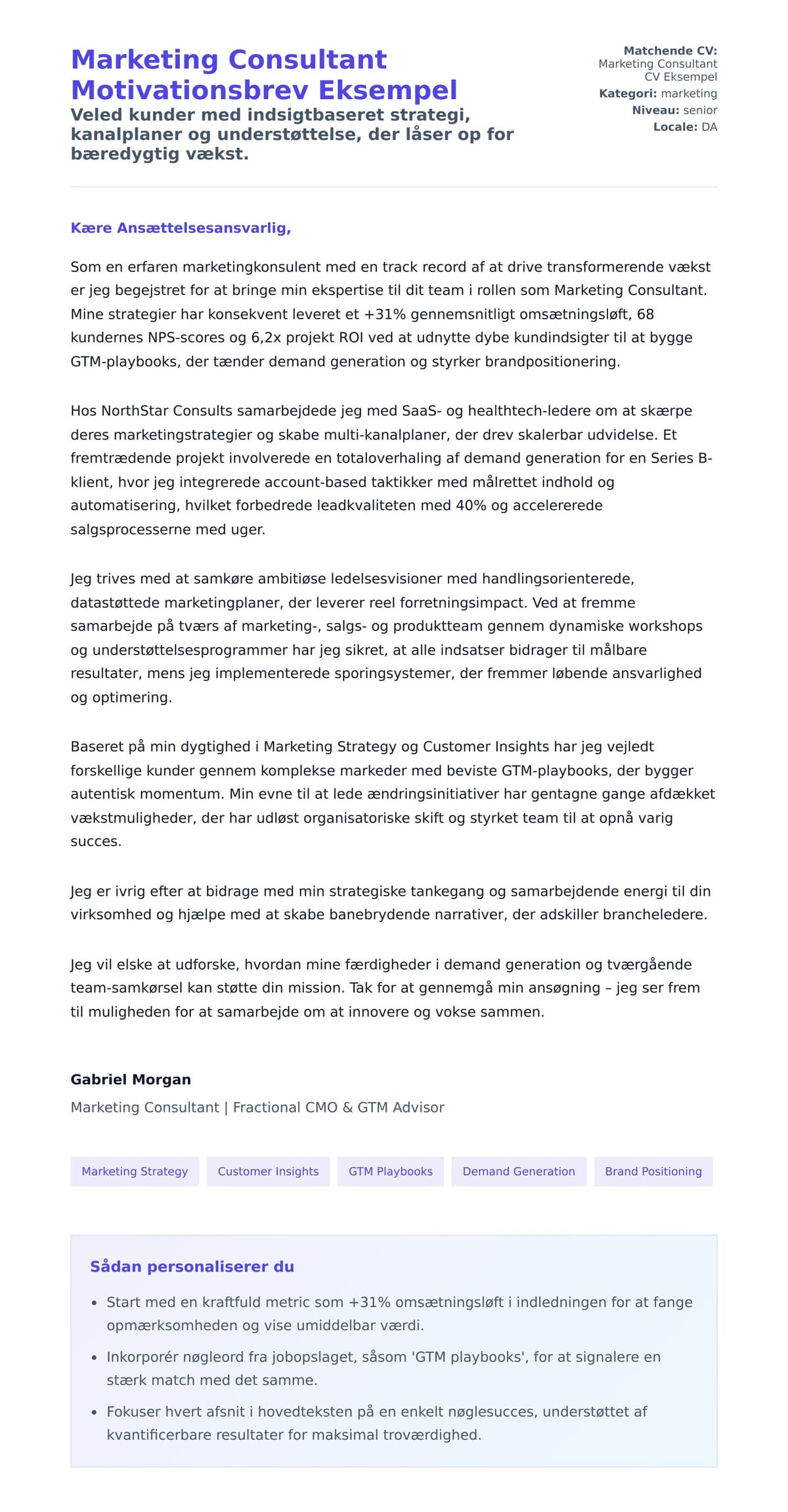 Ansøgningsbrev forhåndsvisning for Marketing Consultant Motivationsbrev Eksempel