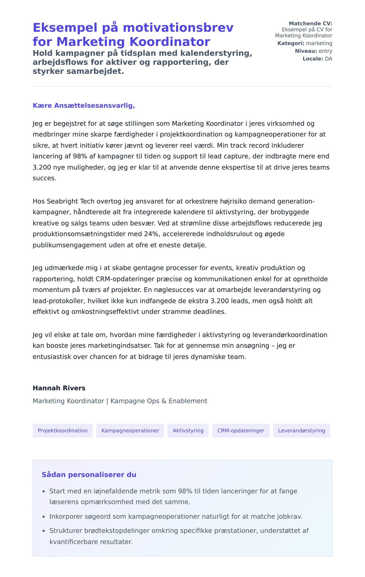 Ansøgningsbrev forhåndsvisning for Eksempel på motivationsbrev for Marketing Koordinator