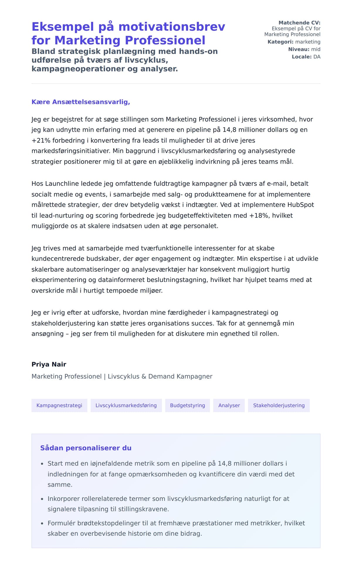 Ansøgningsbrev forhåndsvisning for Eksempel på motivationsbrev for Marketing Professionel