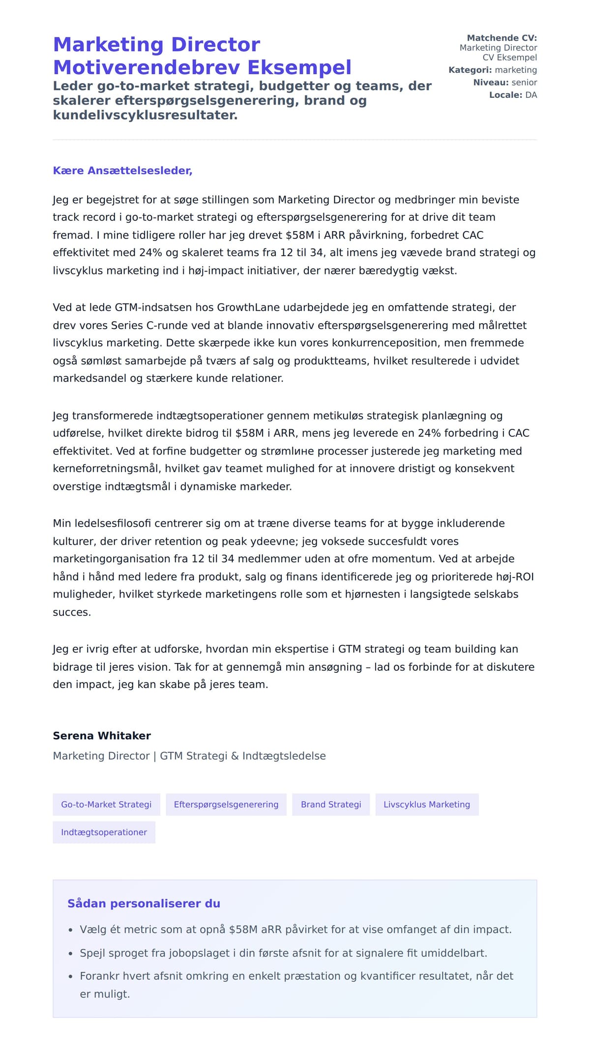 Ansøgningsbrev forhåndsvisning for Marketing Director Motiverendebrev Eksempel