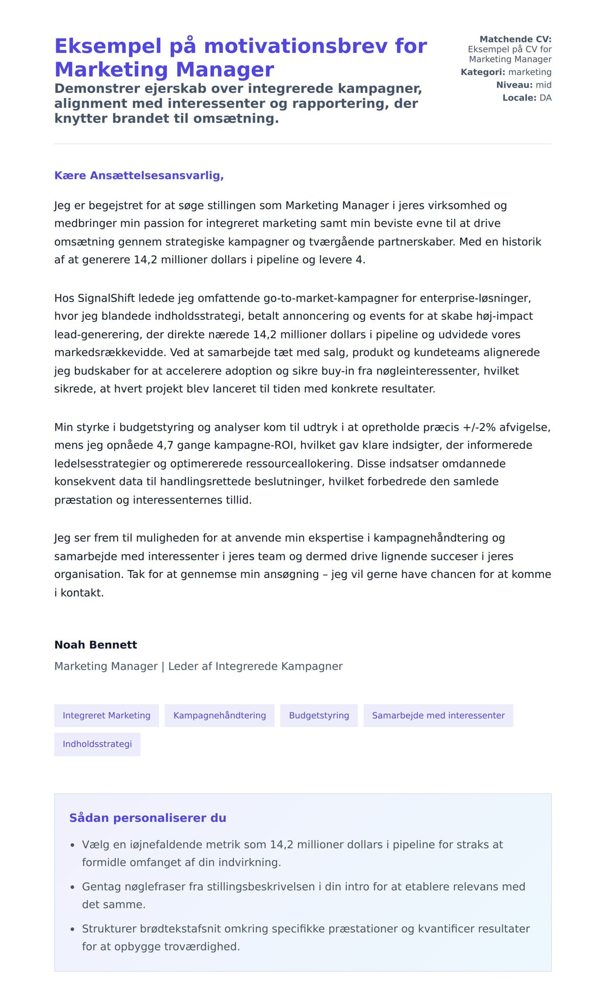 Ansøgningsbrev forhåndsvisning for Eksempel på motivationsbrev for Marketing Manager