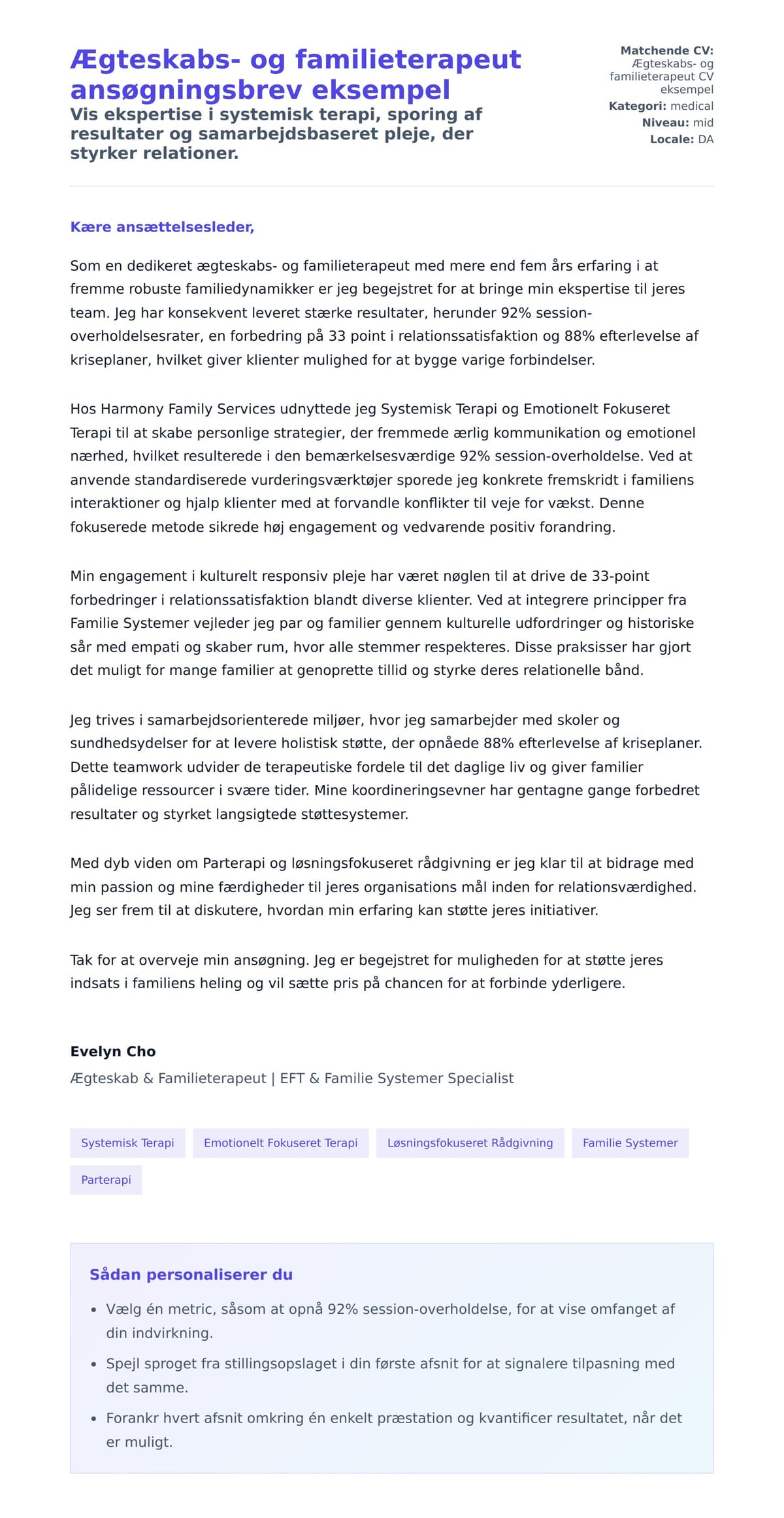 Ansøgningsbrev forhåndsvisning for Ægteskabs- og familieterapeut ansøgningsbrev eksempel