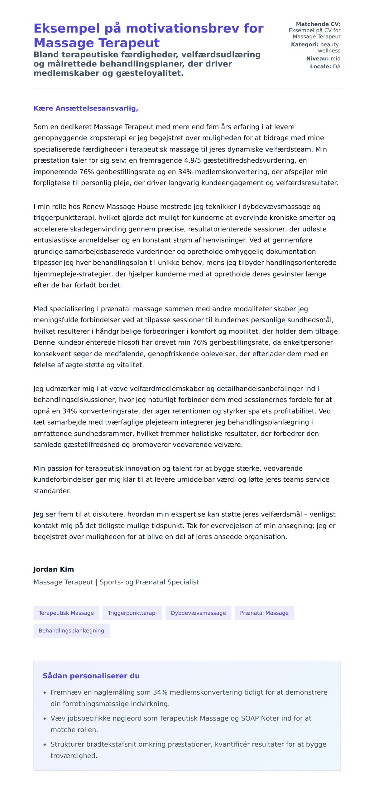 Eksempel på motivationsbrev for Massage Terapeut