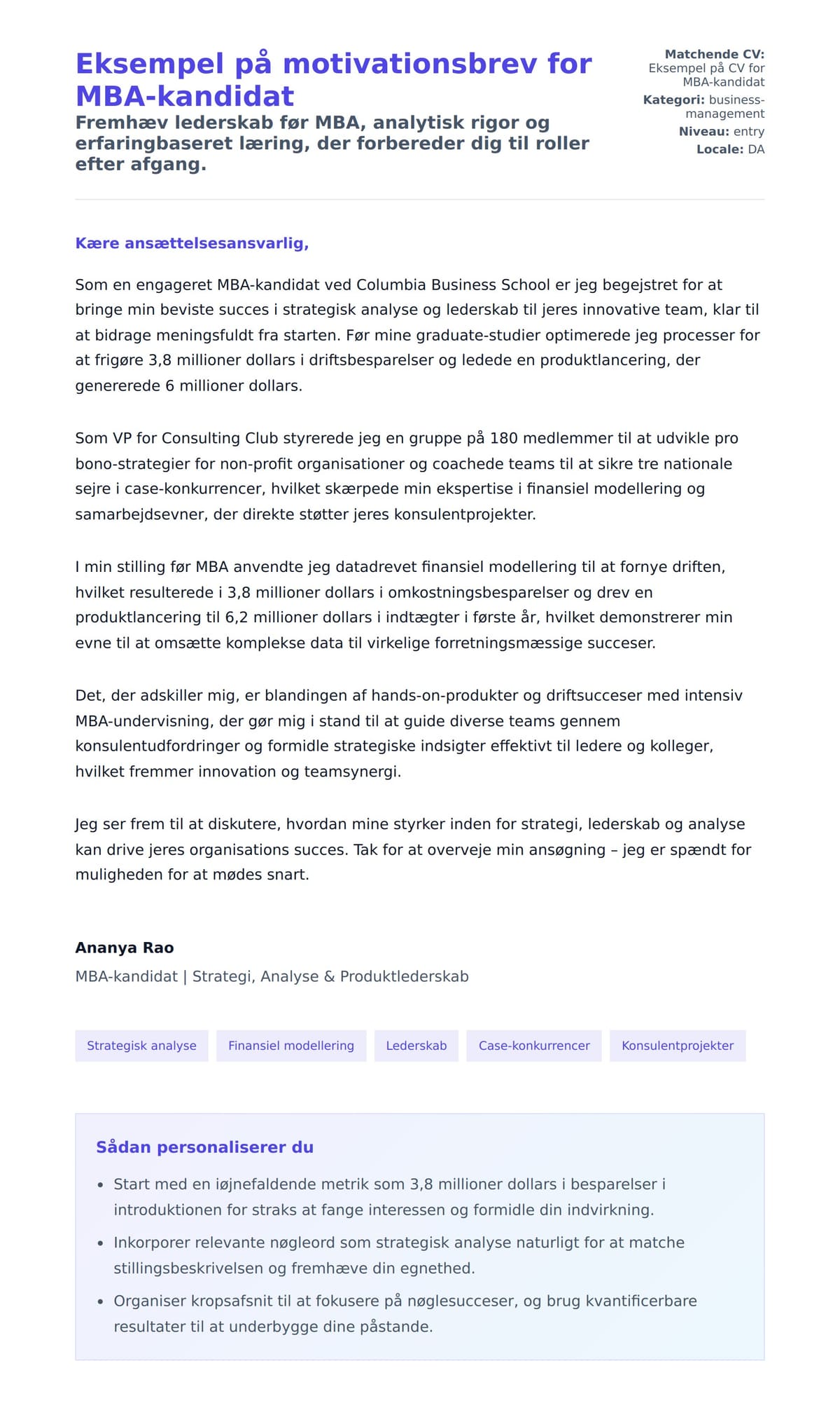 Ansøgningsbrev forhåndsvisning for Eksempel på motivationsbrev for MBA-kandidat