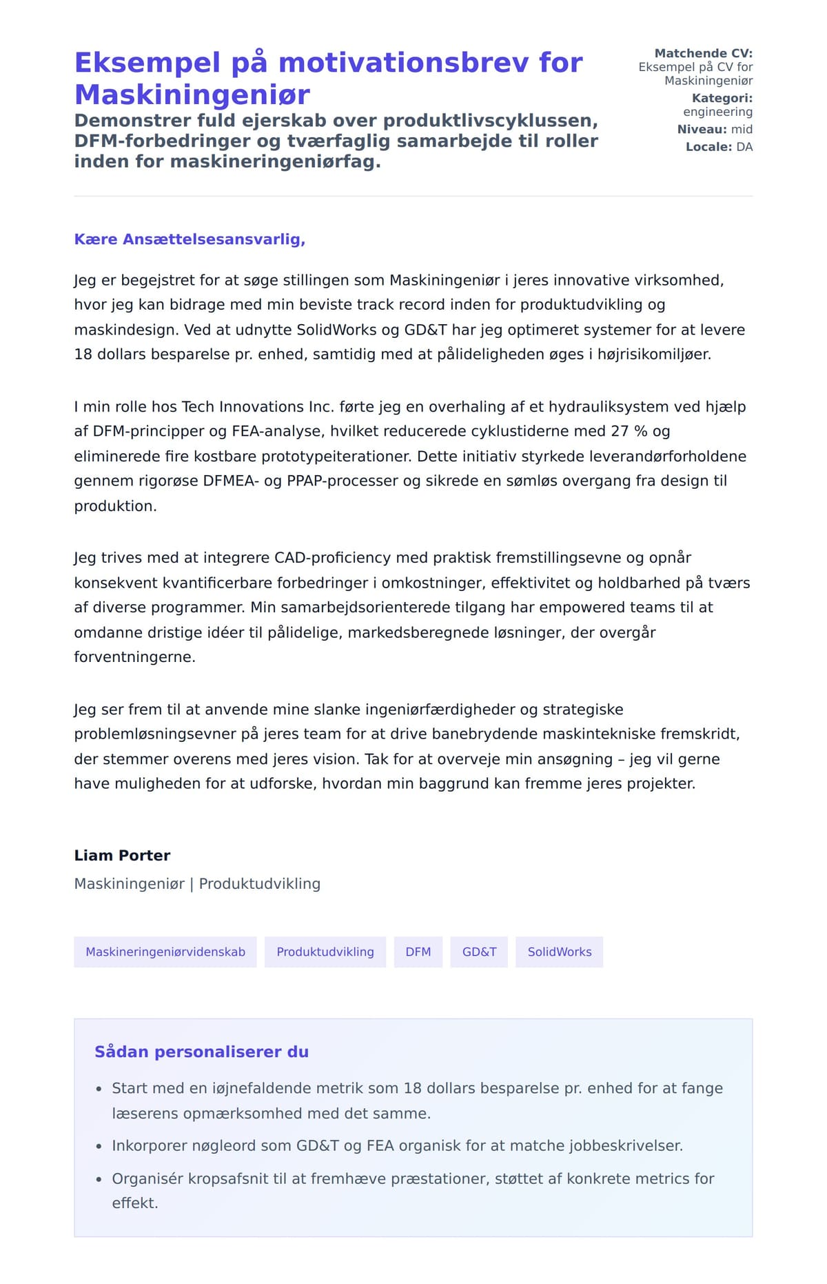 Ansøgningsbrev forhåndsvisning for Eksempel på motivationsbrev for Maskiningeniør