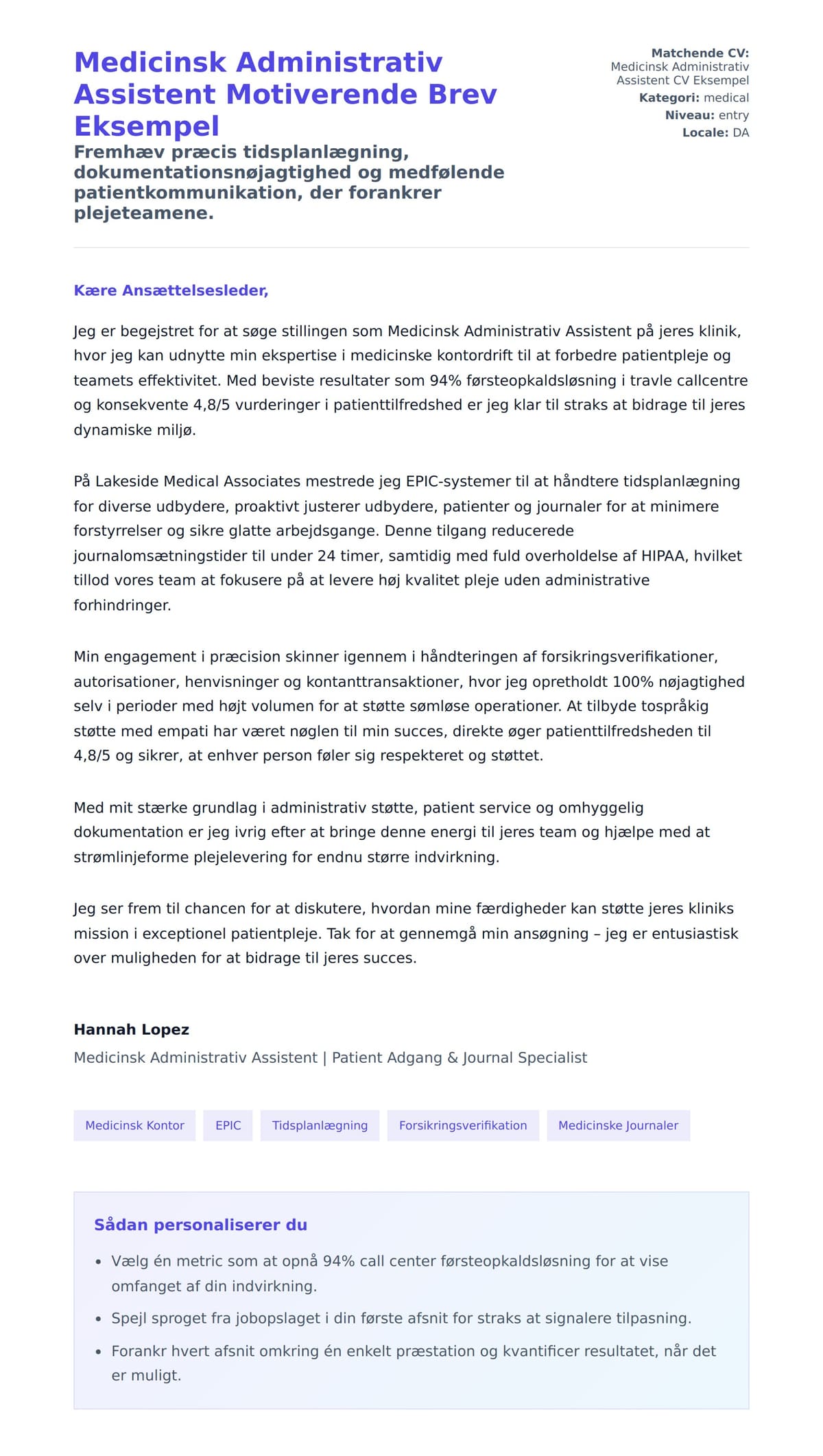 Ansøgningsbrev forhåndsvisning for Medicinsk Administrativ Assistent Motiverende Brev Eksempel