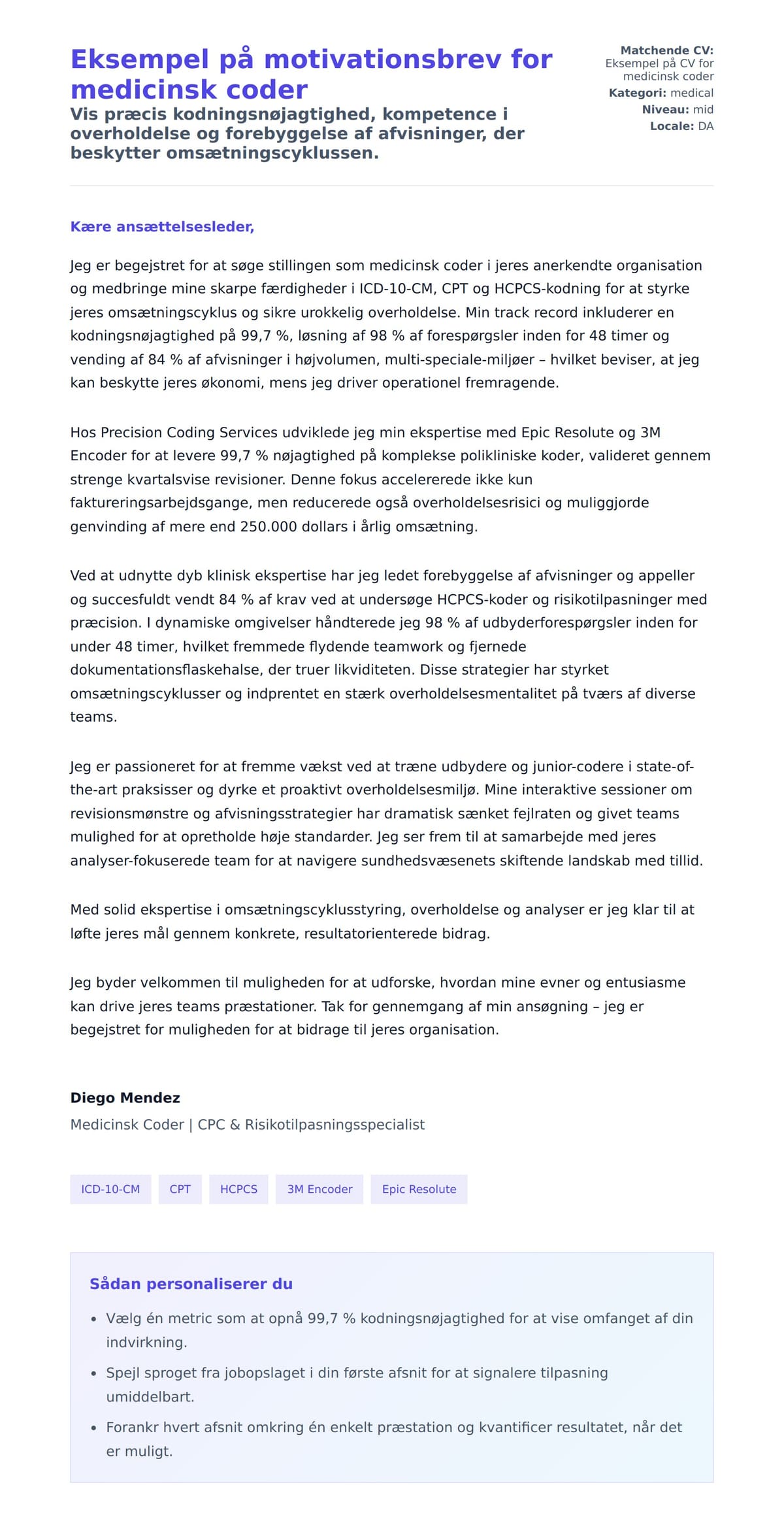 Ansøgningsbrev forhåndsvisning for Eksempel på motivationsbrev for medicinsk coder
