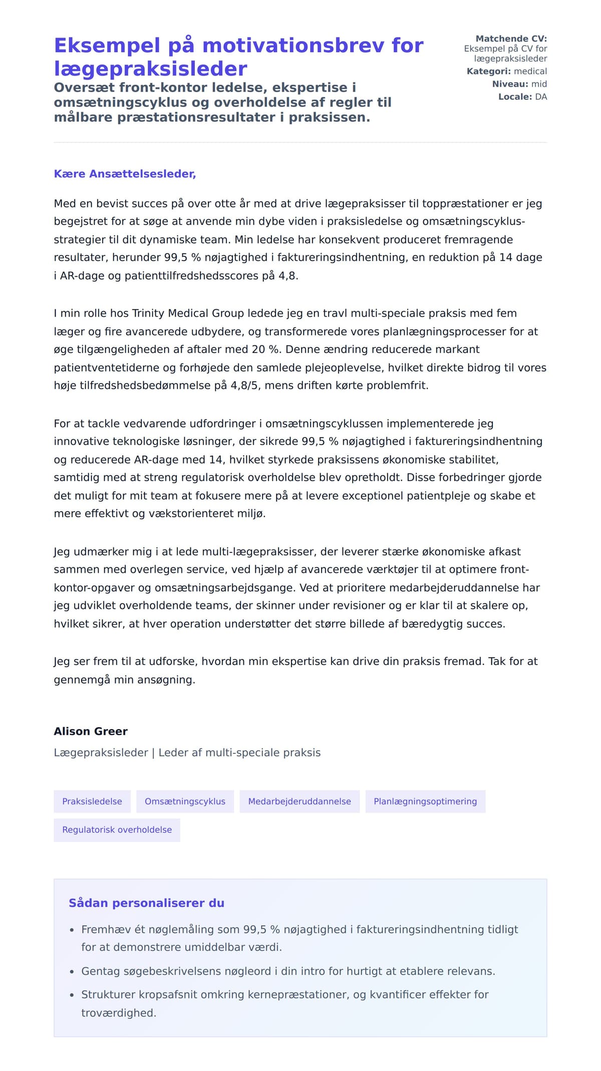 Ansøgningsbrev forhåndsvisning for Eksempel på motivationsbrev for lægepraksisleder