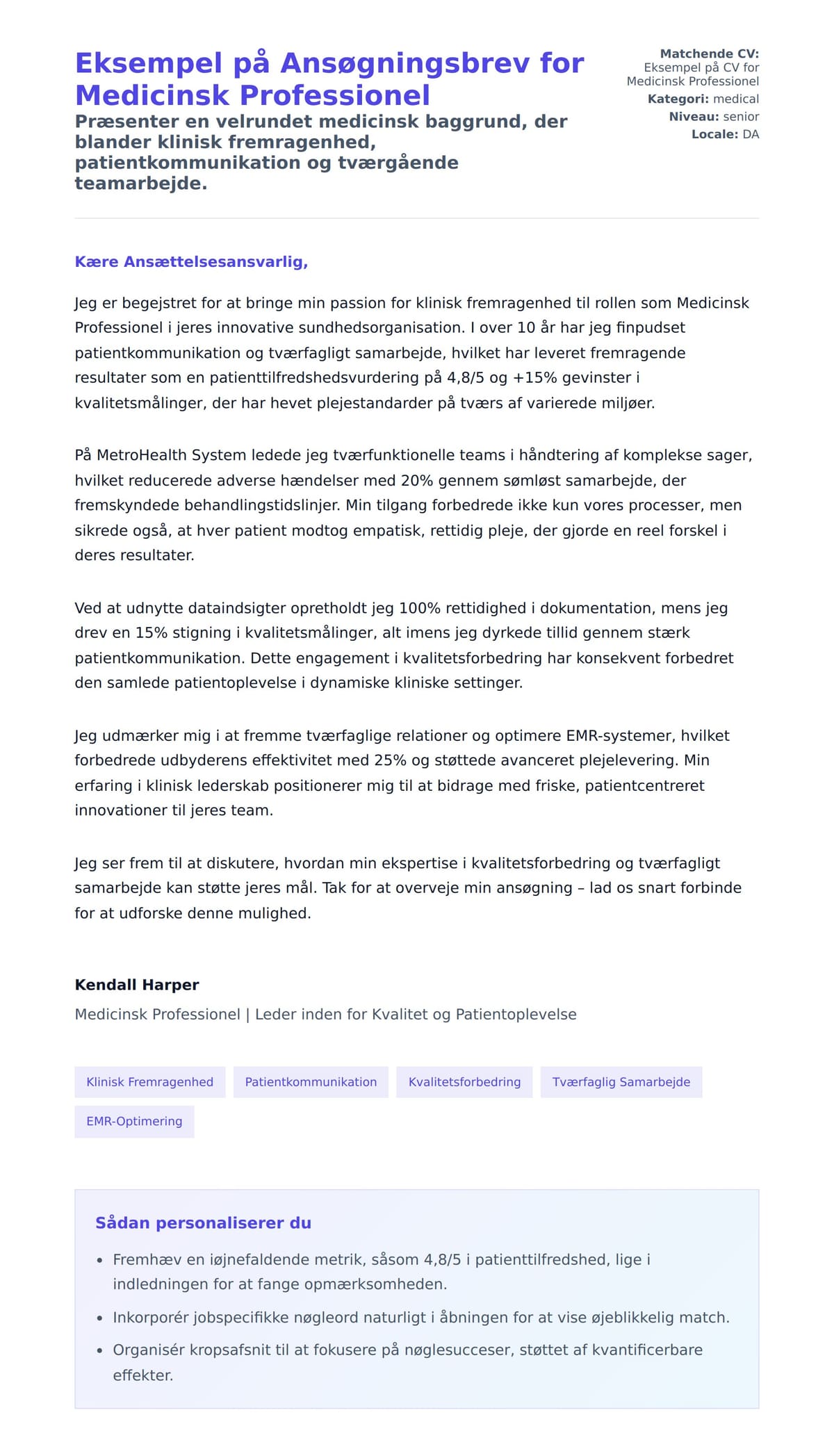 Ansøgningsbrev forhåndsvisning for Eksempel på Ansøgningsbrev for Medicinsk Professionel