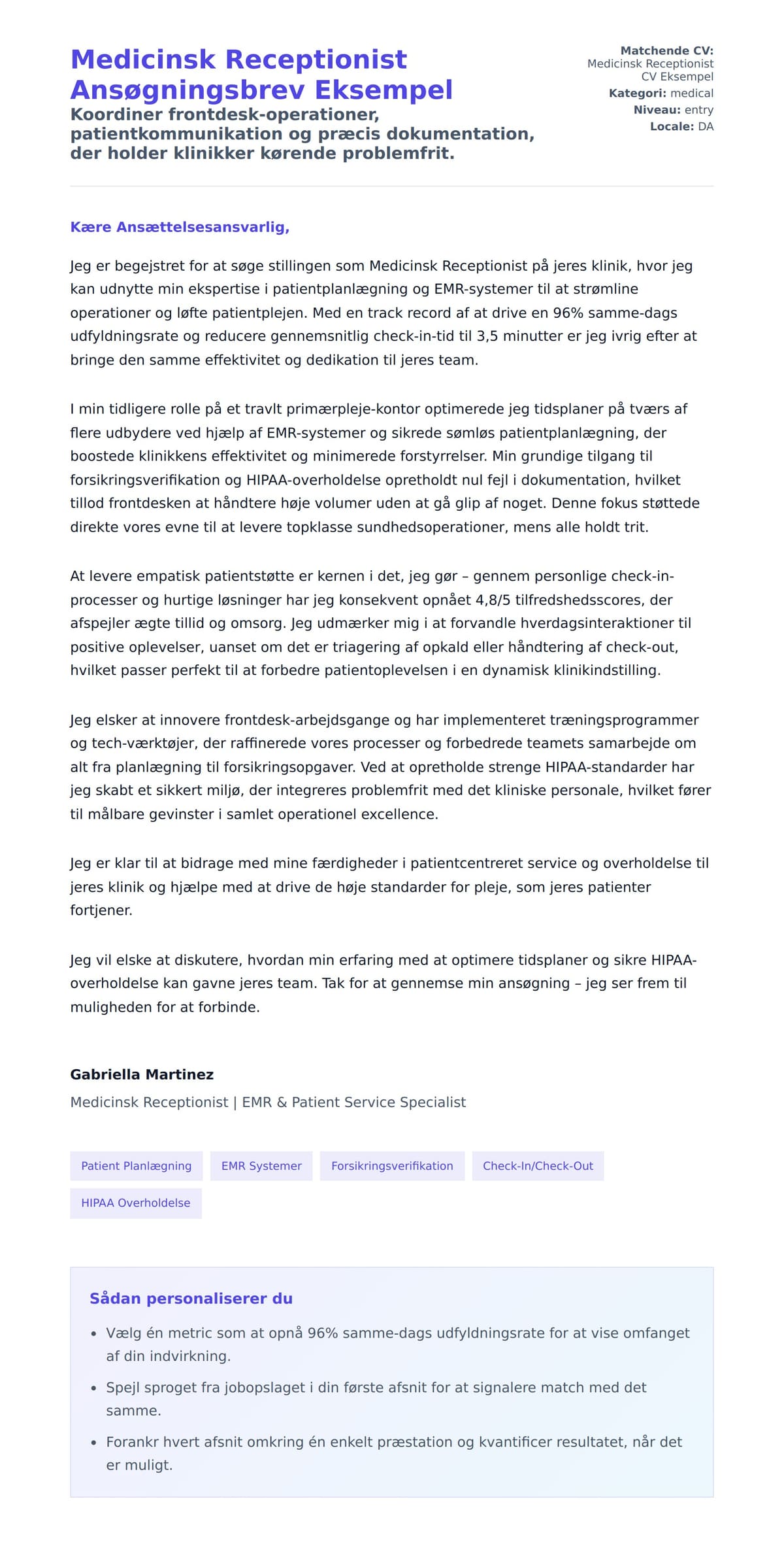 Ansøgningsbrev forhåndsvisning for Medicinsk Receptionist Ansøgningsbrev Eksempel