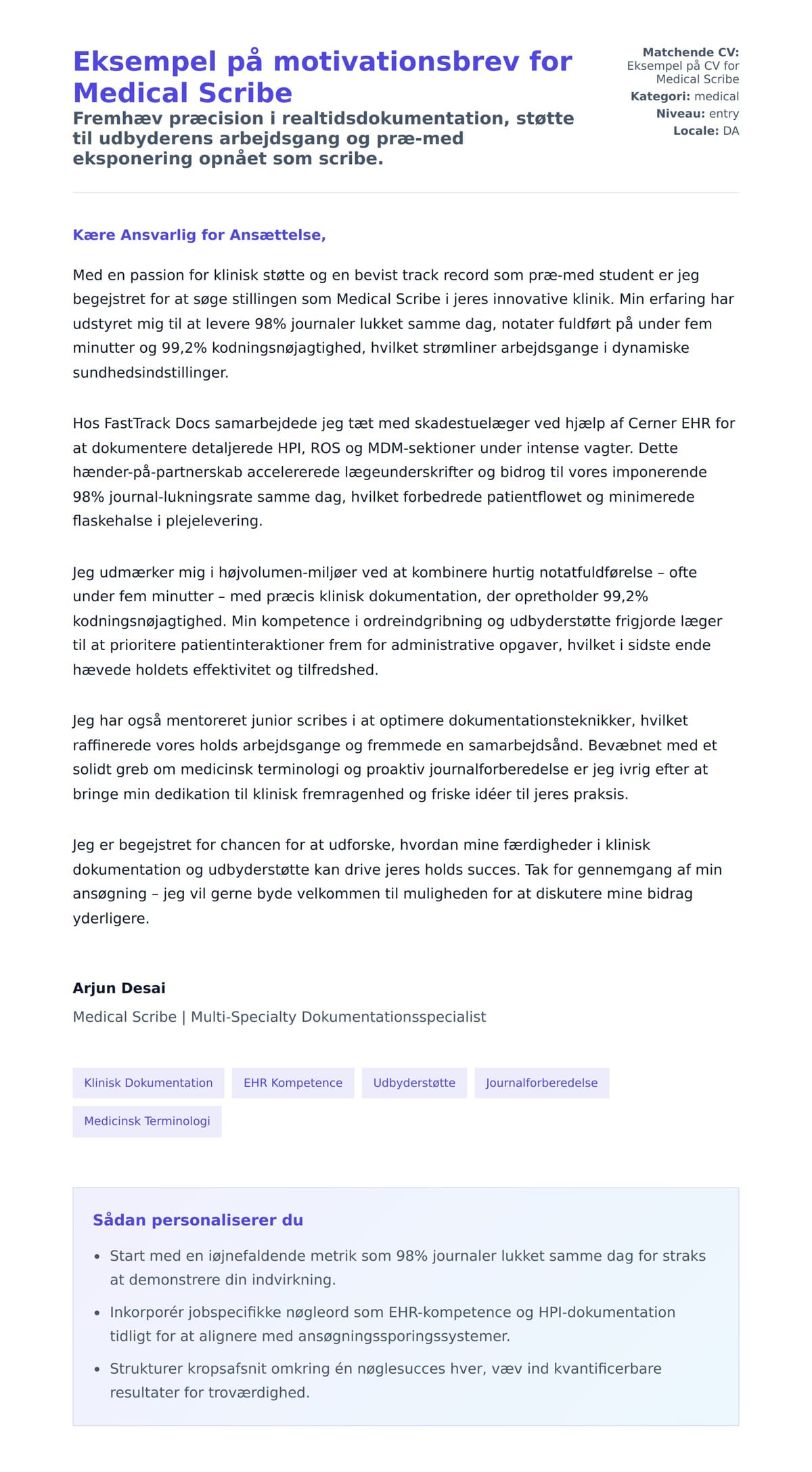 Ansøgningsbrev forhåndsvisning for Eksempel på motivationsbrev for Medical Scribe
