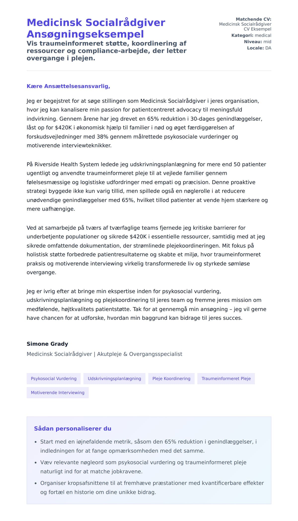 Ansøgningsbrev forhåndsvisning for Medicinsk Socialrådgiver Ansøgningseksempel