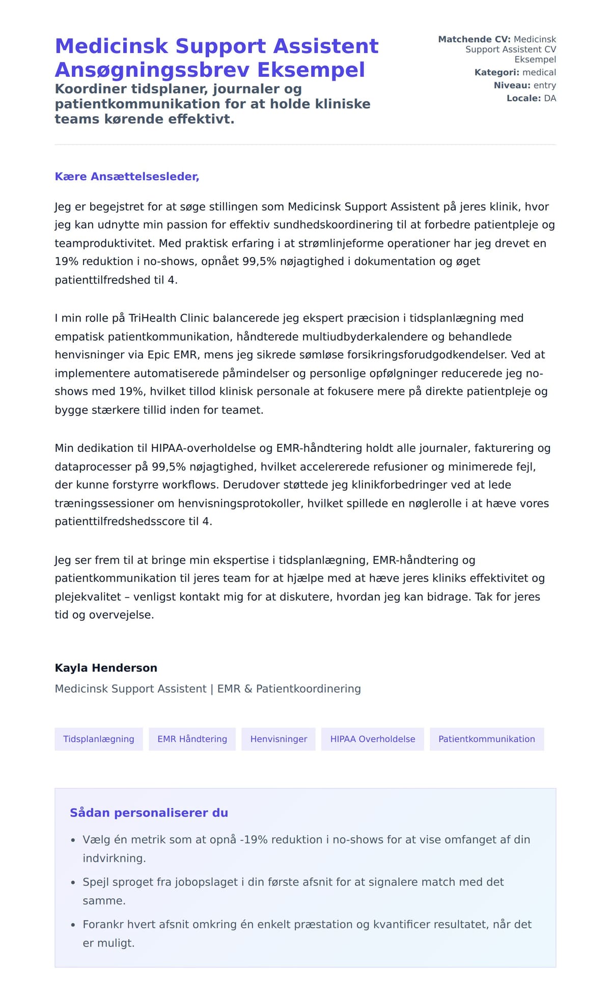 Ansøgningsbrev forhåndsvisning for Medicinsk Support Assistent Ansøgningssbrev Eksempel