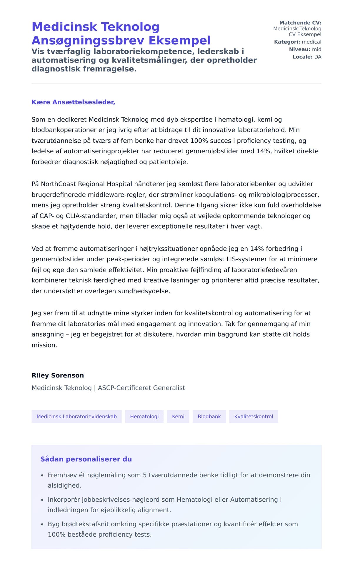 Ansøgningsbrev forhåndsvisning for Medicinsk Teknolog Ansøgningssbrev Eksempel