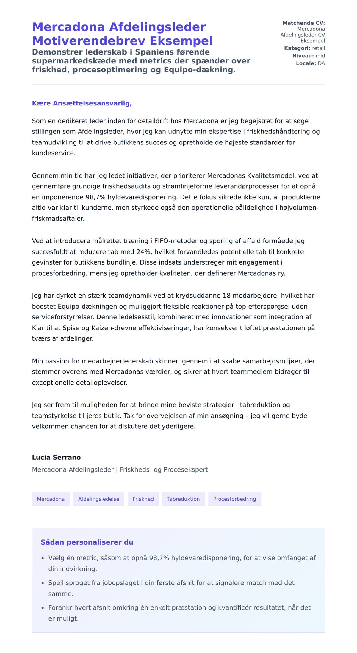 Ansøgningsbrev forhåndsvisning for Mercadona Afdelingsleder Motiverendebrev Eksempel