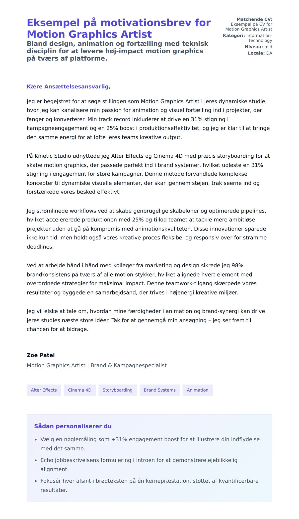 Ansøgningsbrev forhåndsvisning for Eksempel på motivationsbrev for Motion Graphics Artist