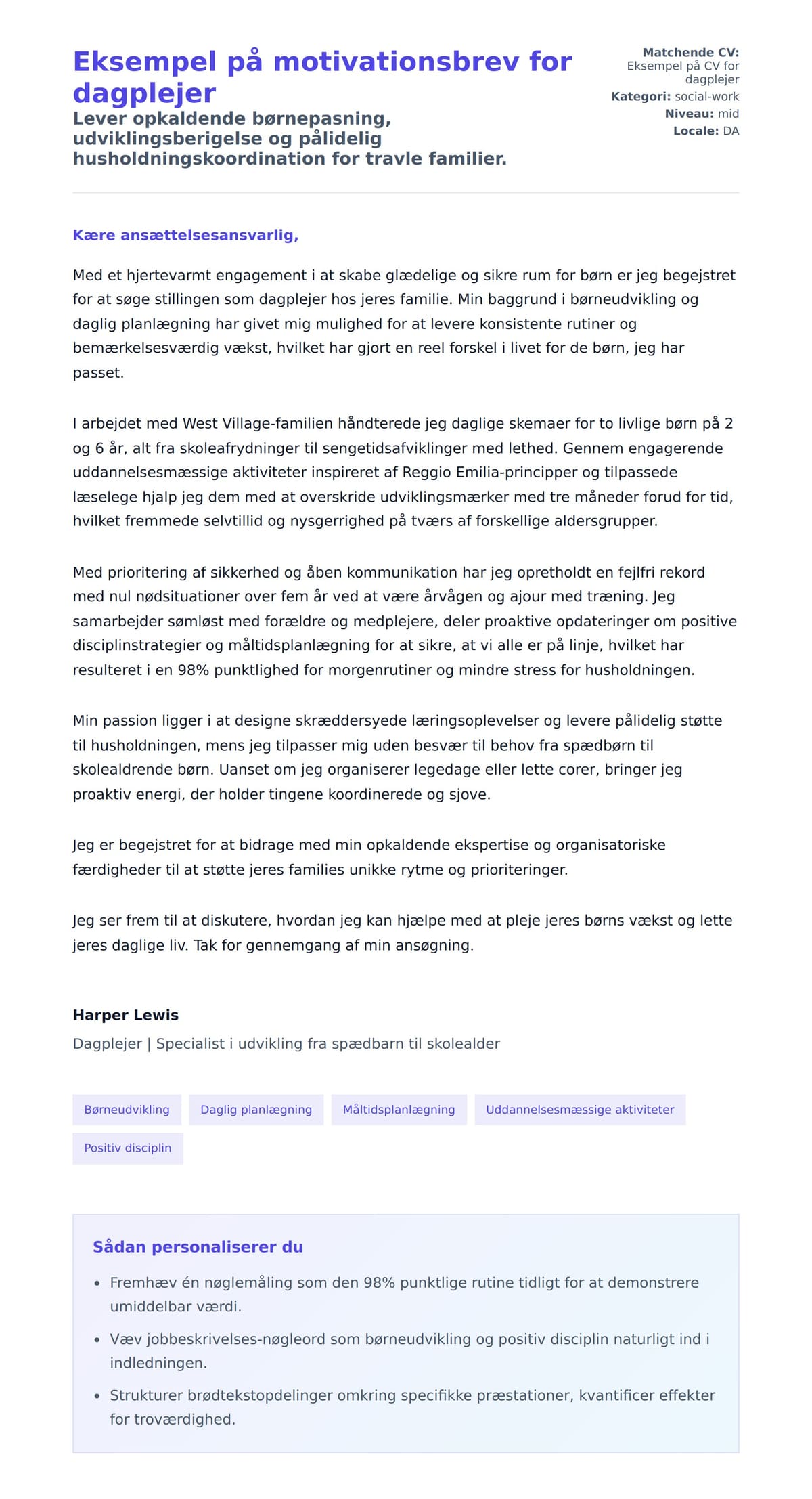 Ansøgningsbrev forhåndsvisning for Eksempel på motivationsbrev for dagplejer