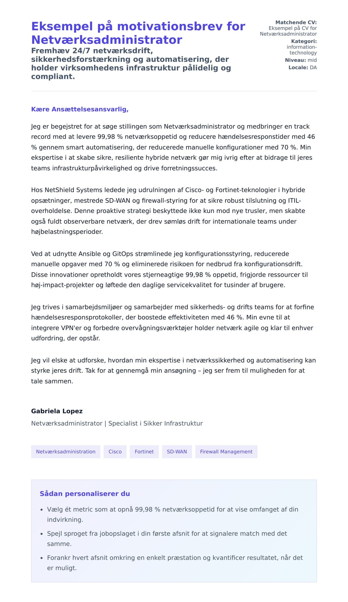 Ansøgningsbrev forhåndsvisning for Eksempel på motivationsbrev for Netværksadministrator