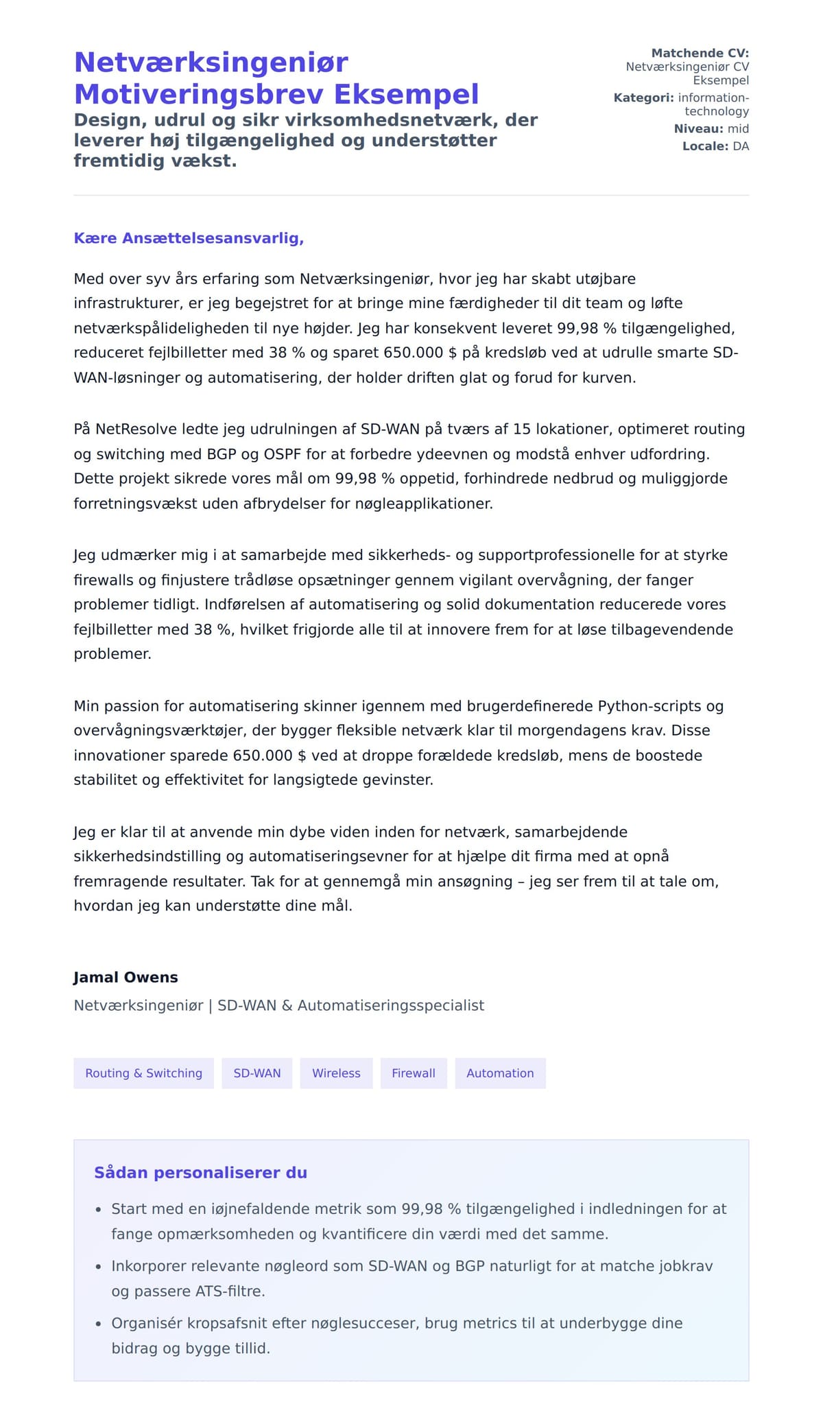 Ansøgningsbrev forhåndsvisning for Netværksingeniør Motiveringsbrev Eksempel