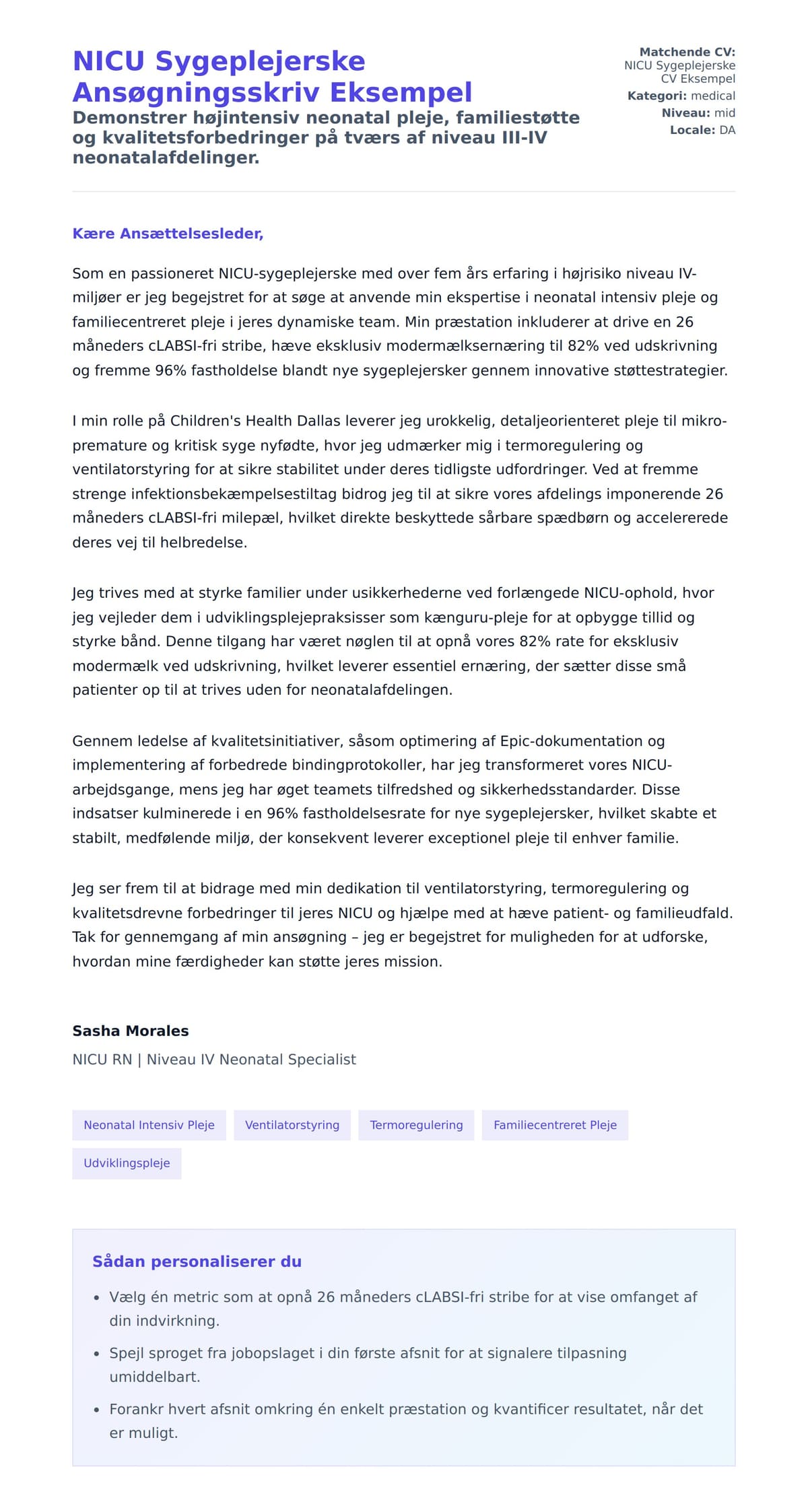 Ansøgningsbrev forhåndsvisning for NICU Sygeplejerske Ansøgningsskriv Eksempel
