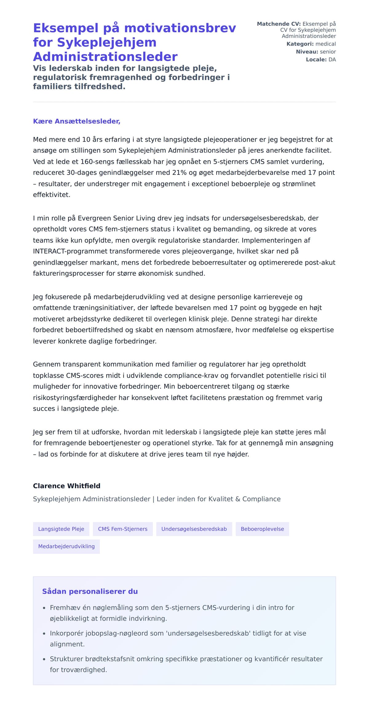 Ansøgningsbrev forhåndsvisning for Eksempel på motivationsbrev for Sykeplejehjem Administrationsleder