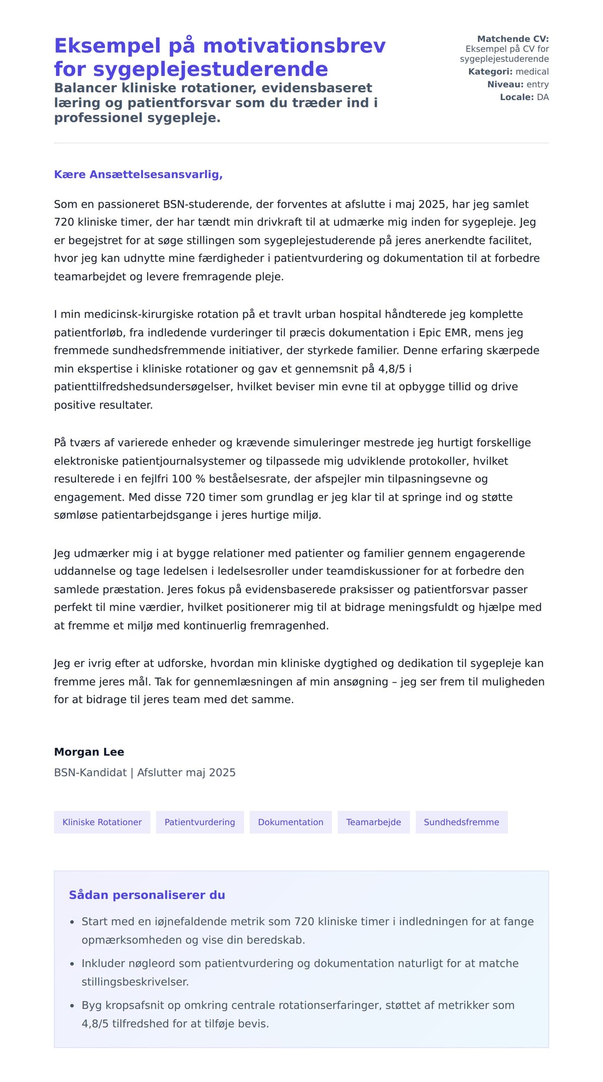 Ansøgningsbrev forhåndsvisning for Eksempel på motivationsbrev for sygeplejestuderende
