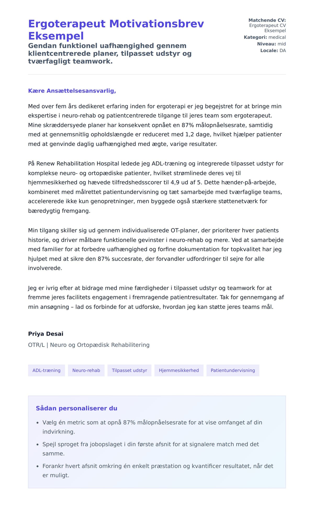 Ansøgningsbrev forhåndsvisning for Ergoterapeut Motivationsbrev Eksempel