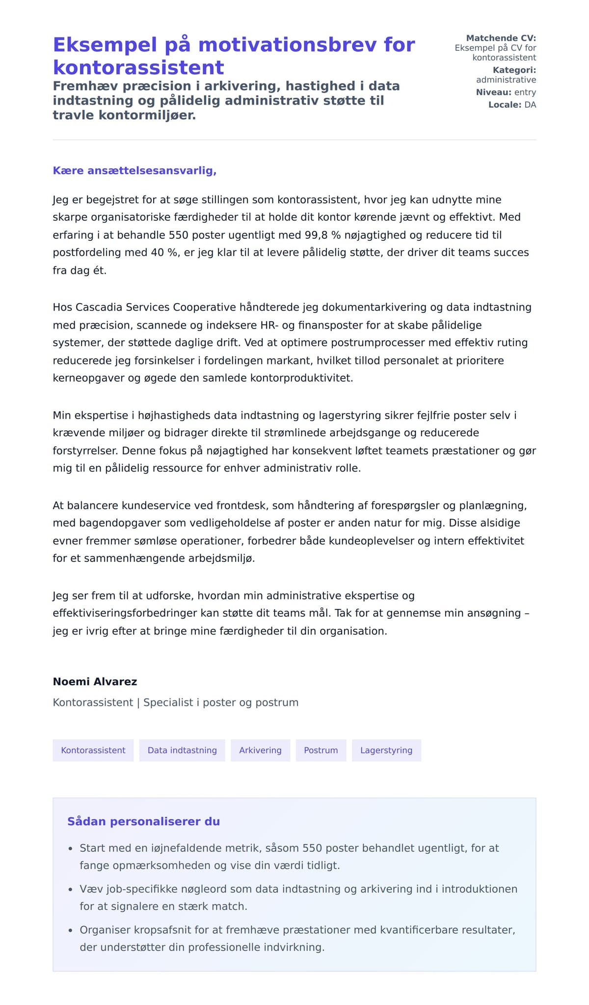 Ansøgningsbrev forhåndsvisning for Eksempel på motivationsbrev for kontorassistent