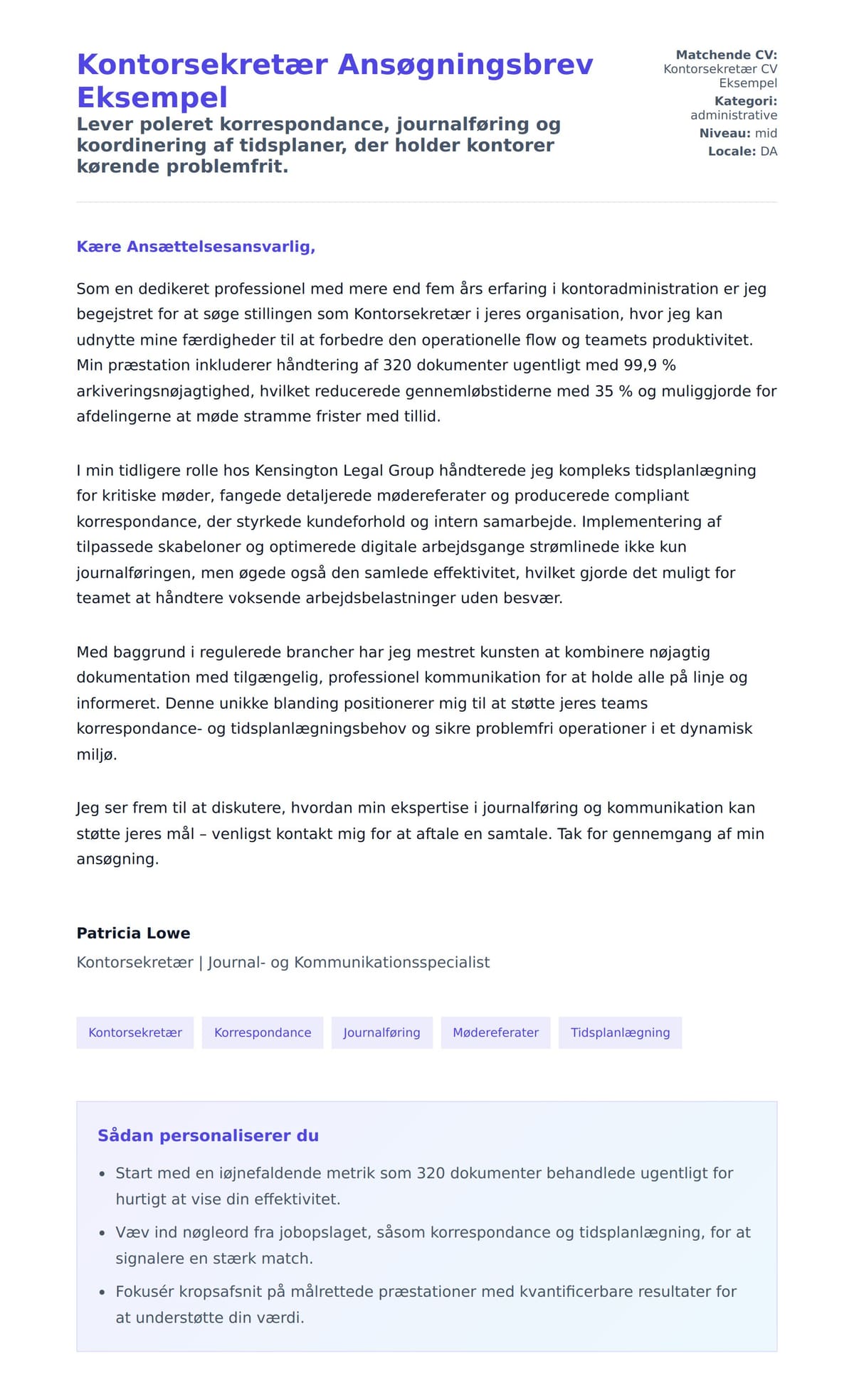 Kontorsekretær Ansøgningsbrev Eksempel