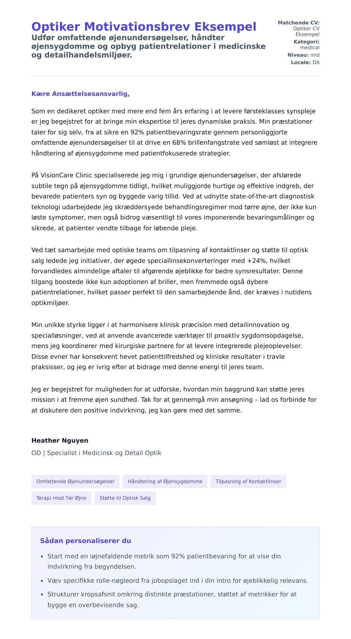 Ansøgningsbrev forhåndsvisning for Optiker Motivationsbrev Eksempel