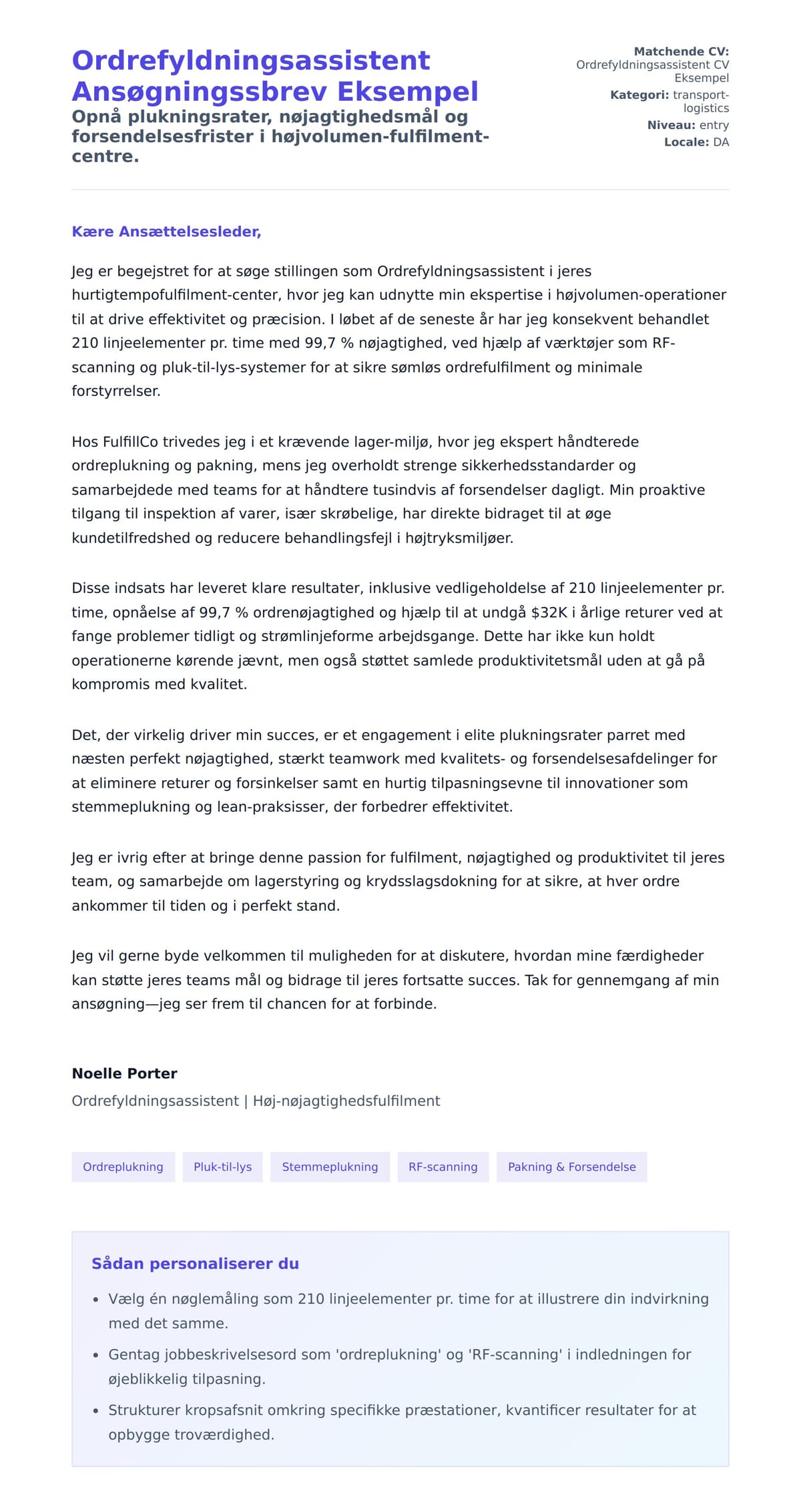 Ansøgningsbrev forhåndsvisning for Ordrefyldningsassistent Ansøgningssbrev Eksempel