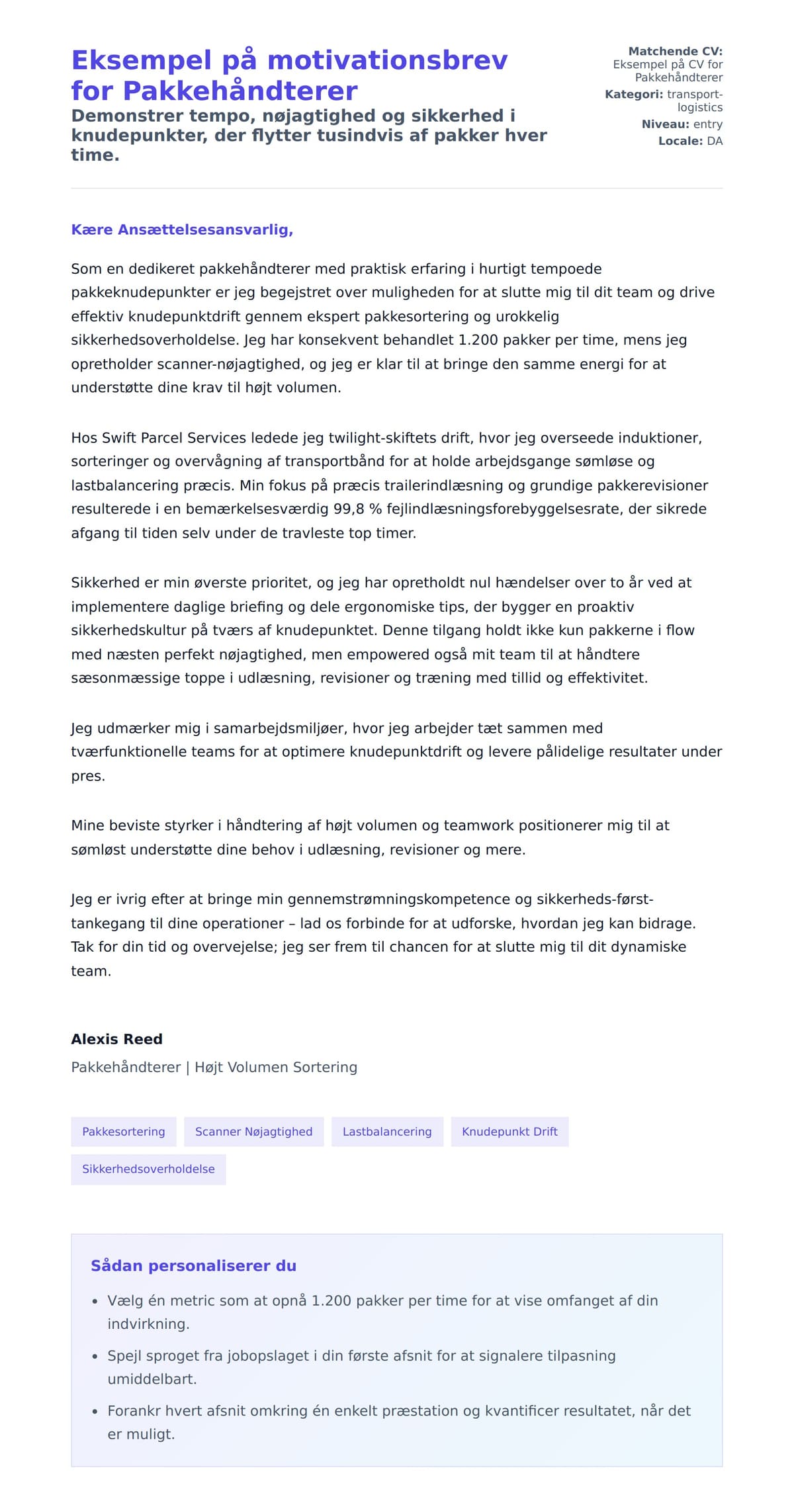 Ansøgningsbrev forhåndsvisning for Eksempel på motivationsbrev for Pakkehåndterer