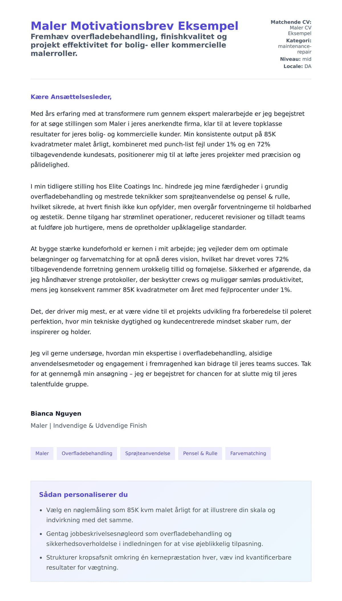 Ansøgningsbrev forhåndsvisning for Maler Motivationsbrev Eksempel