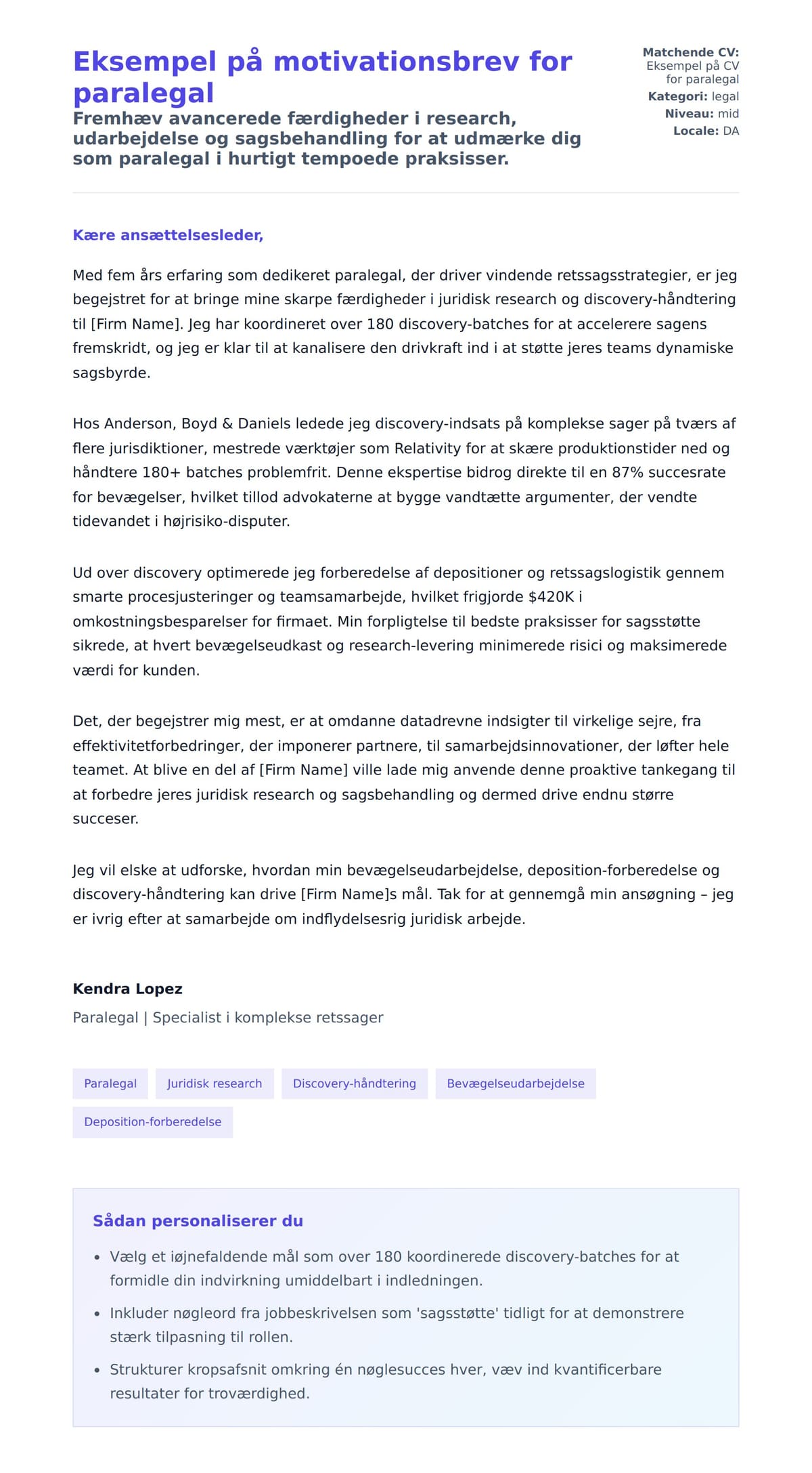 Ansøgningsbrev forhåndsvisning for Eksempel på motivationsbrev for paralegal