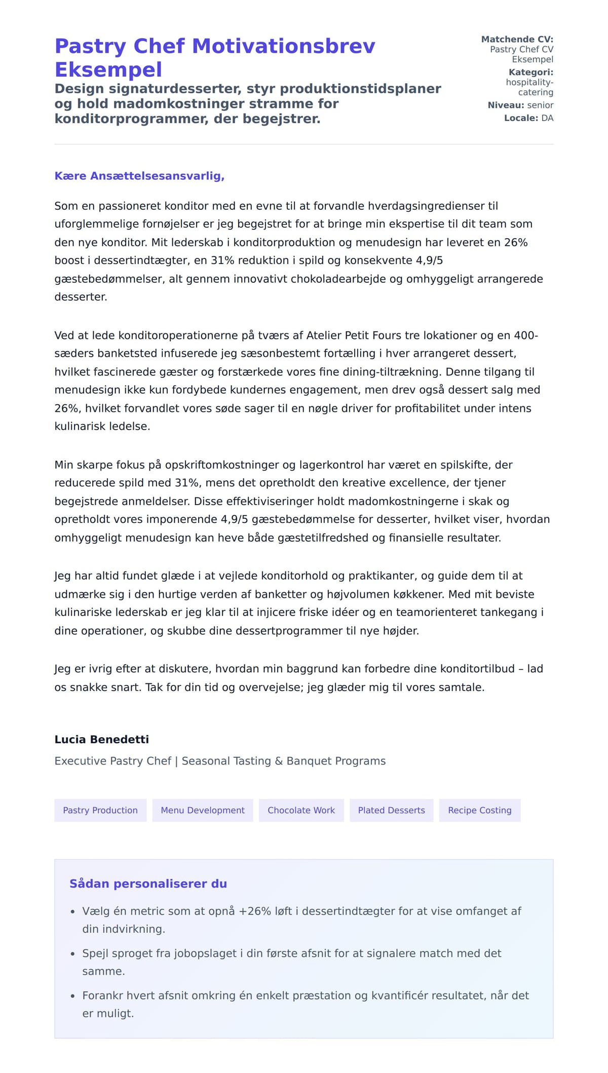Ansøgningsbrev forhåndsvisning for Pastry Chef Motivationsbrev Eksempel