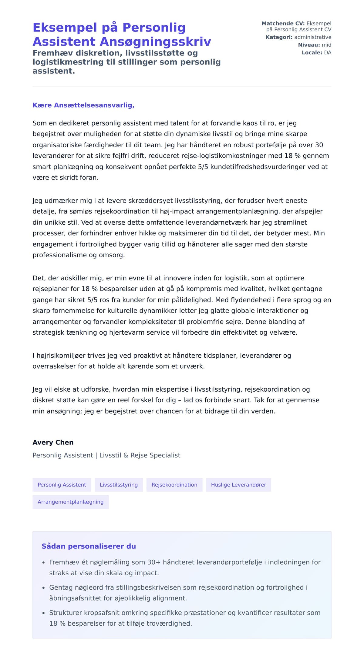 Ansøgningsbrev forhåndsvisning for Eksempel på Personlig Assistent Ansøgningsskriv