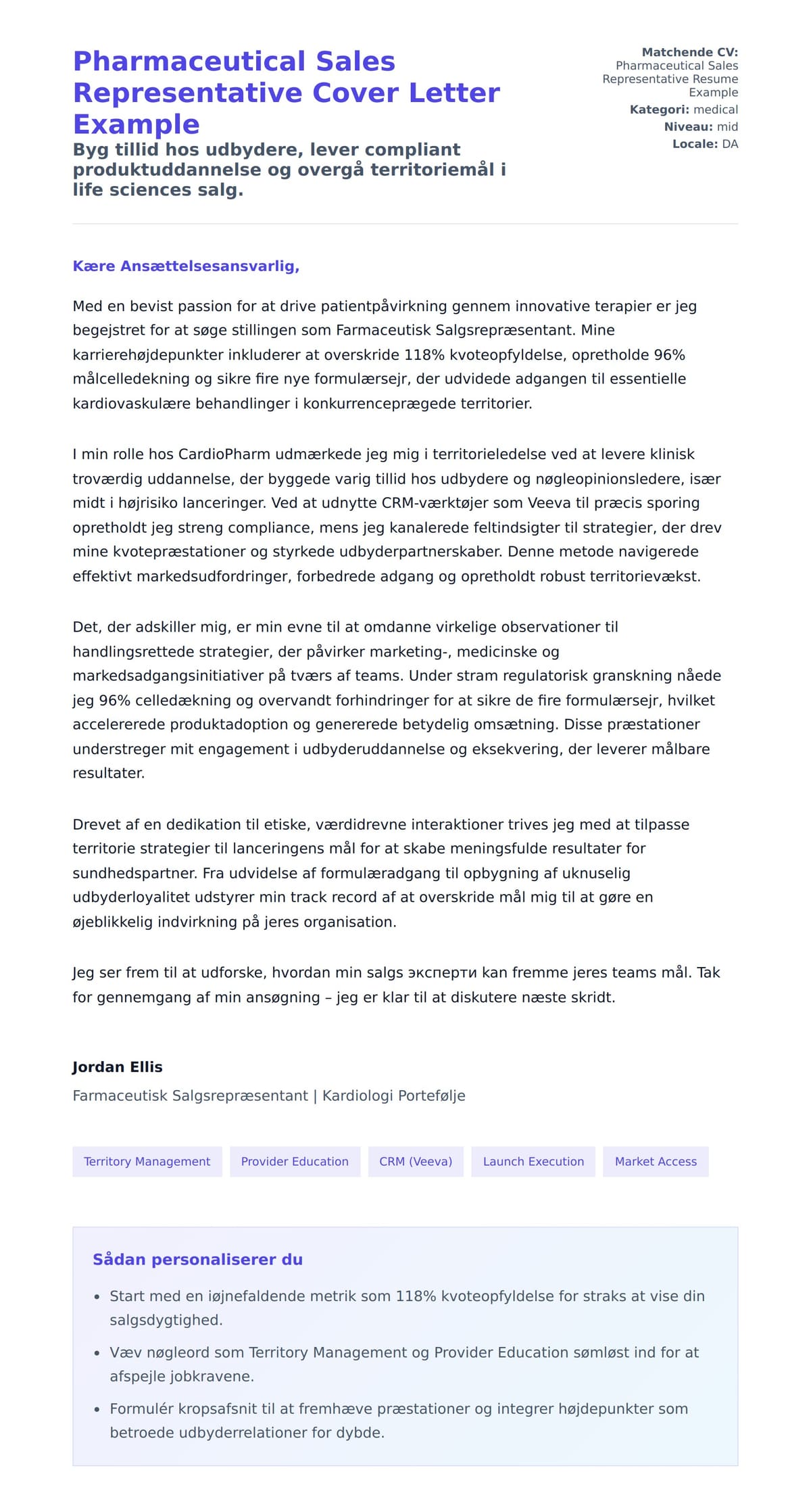 Ansøgningsbrev forhåndsvisning for Pharmaceutical Sales Representative Cover Letter Example