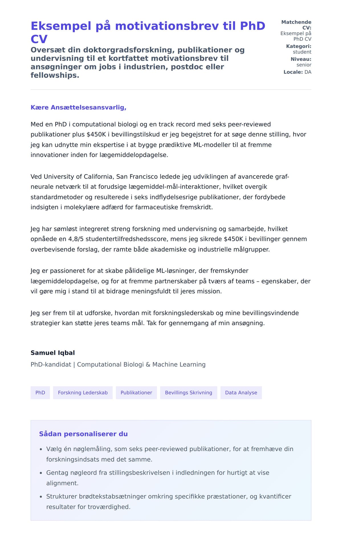 Ansøgningsbrev forhåndsvisning for Eksempel på motivationsbrev til PhD CV