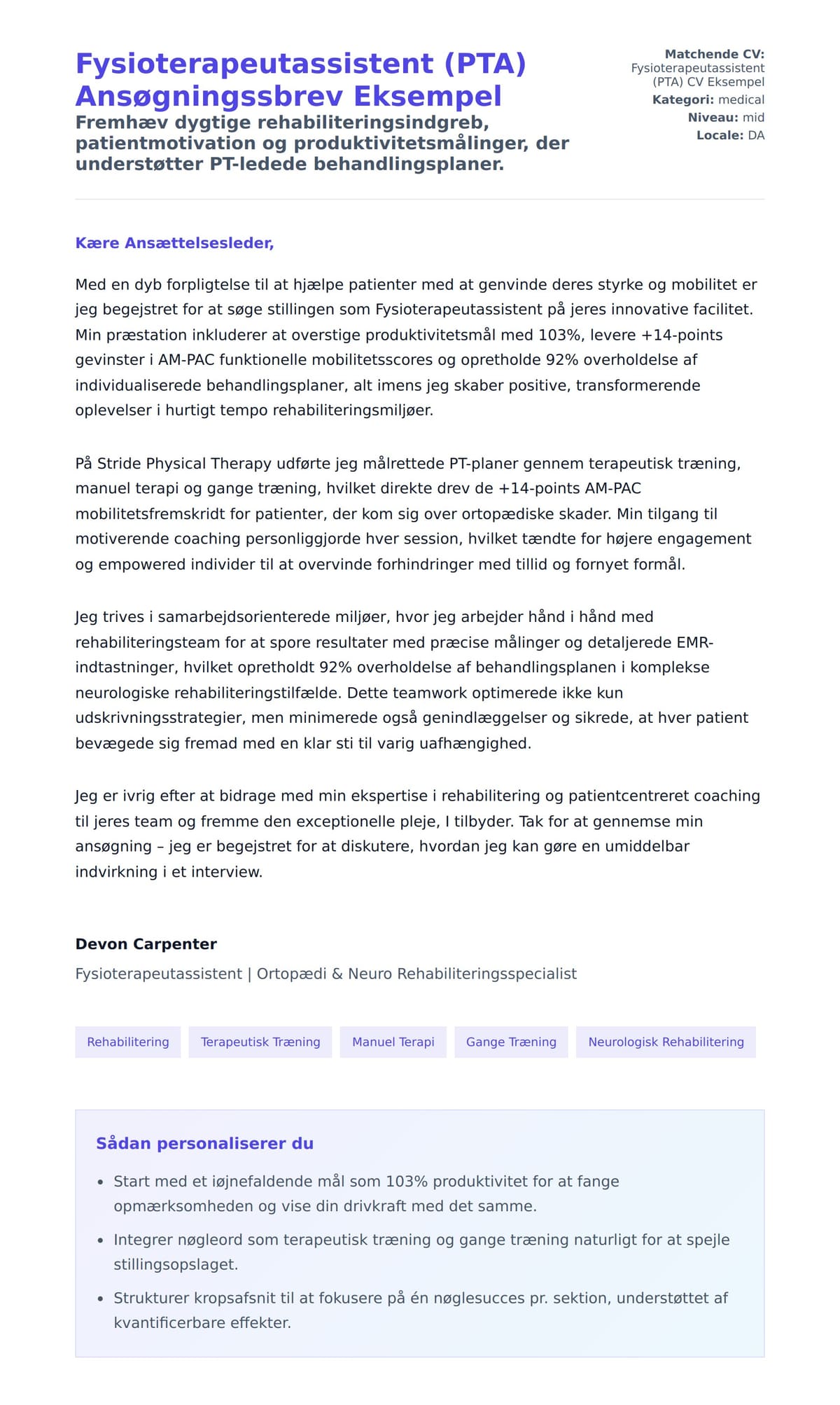 Ansøgningsbrev forhåndsvisning for Fysioterapeutassistent (PTA) Ansøgningssbrev Eksempel