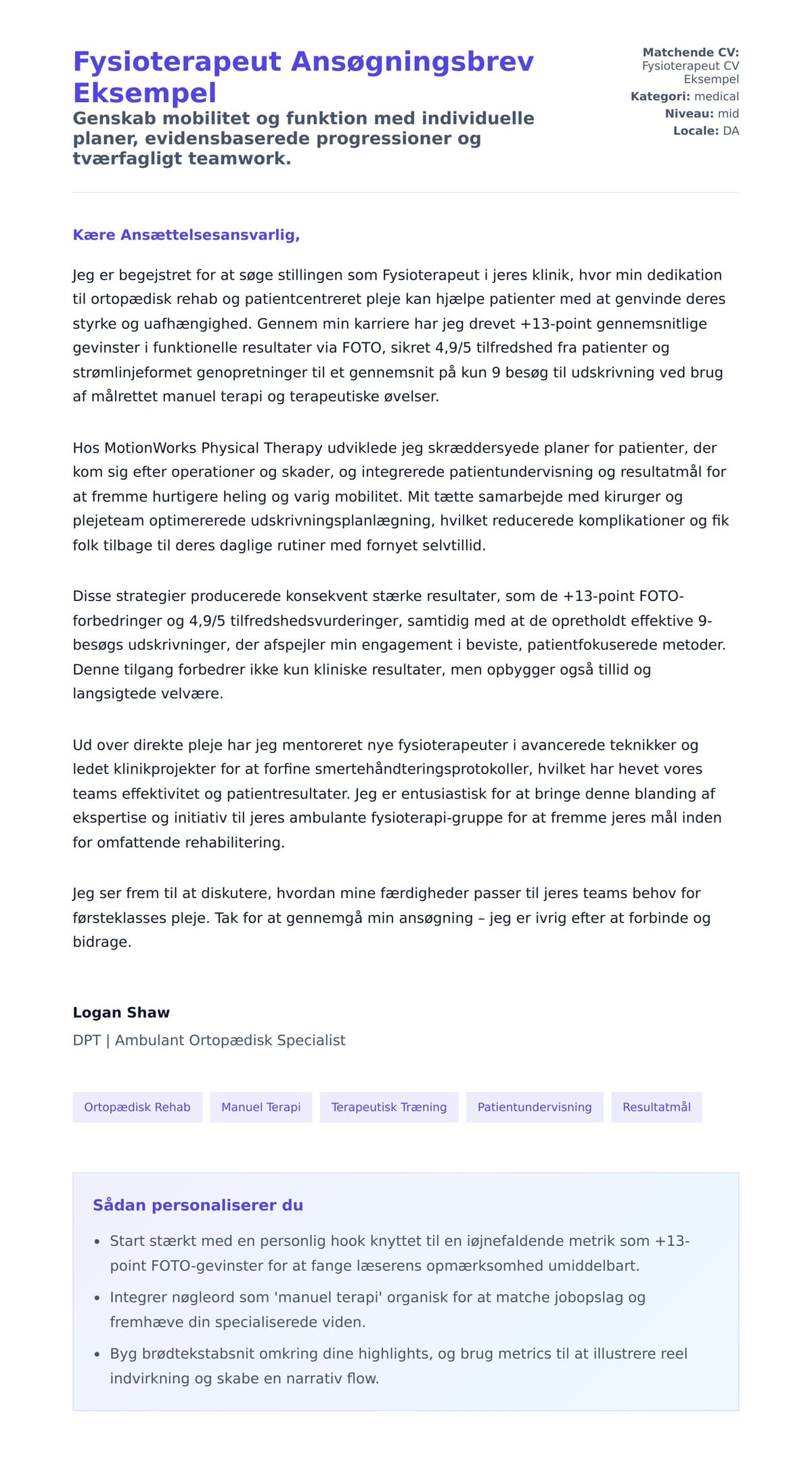 Ansøgningsbrev forhåndsvisning for Fysioterapeut Ansøgningsbrev Eksempel