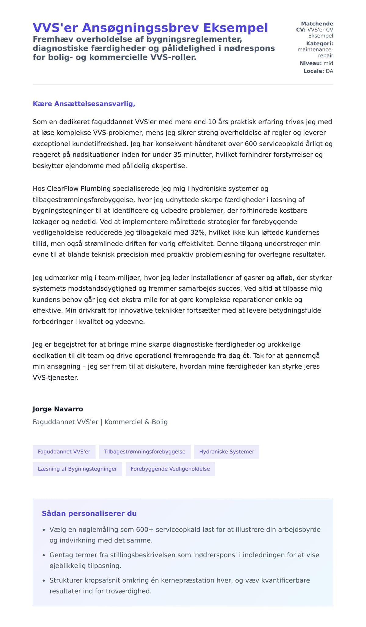 Ansøgningsbrev forhåndsvisning for VVS'er Ansøgningssbrev Eksempel