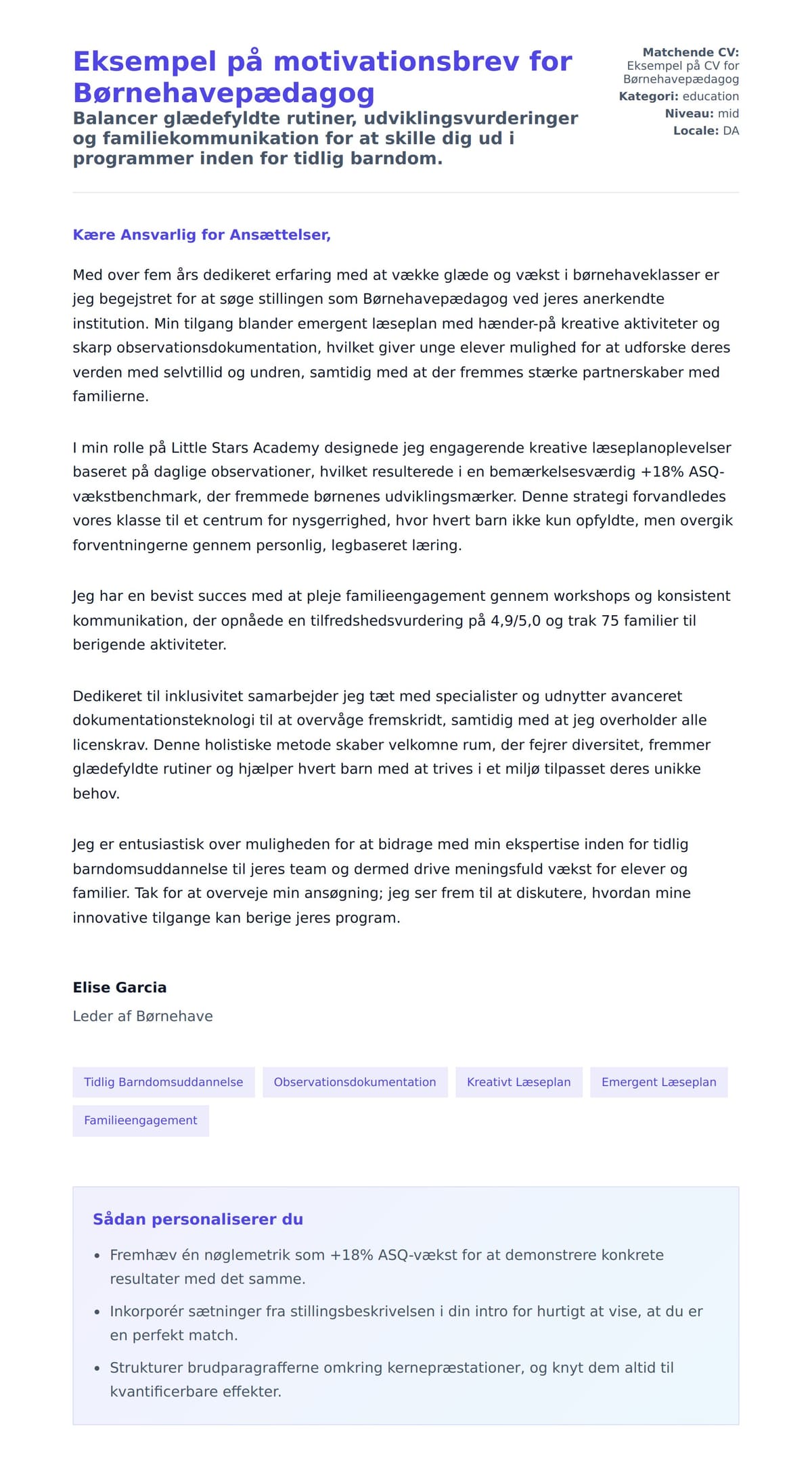Ansøgningsbrev forhåndsvisning for Eksempel på motivationsbrev for Børnehavepædagog