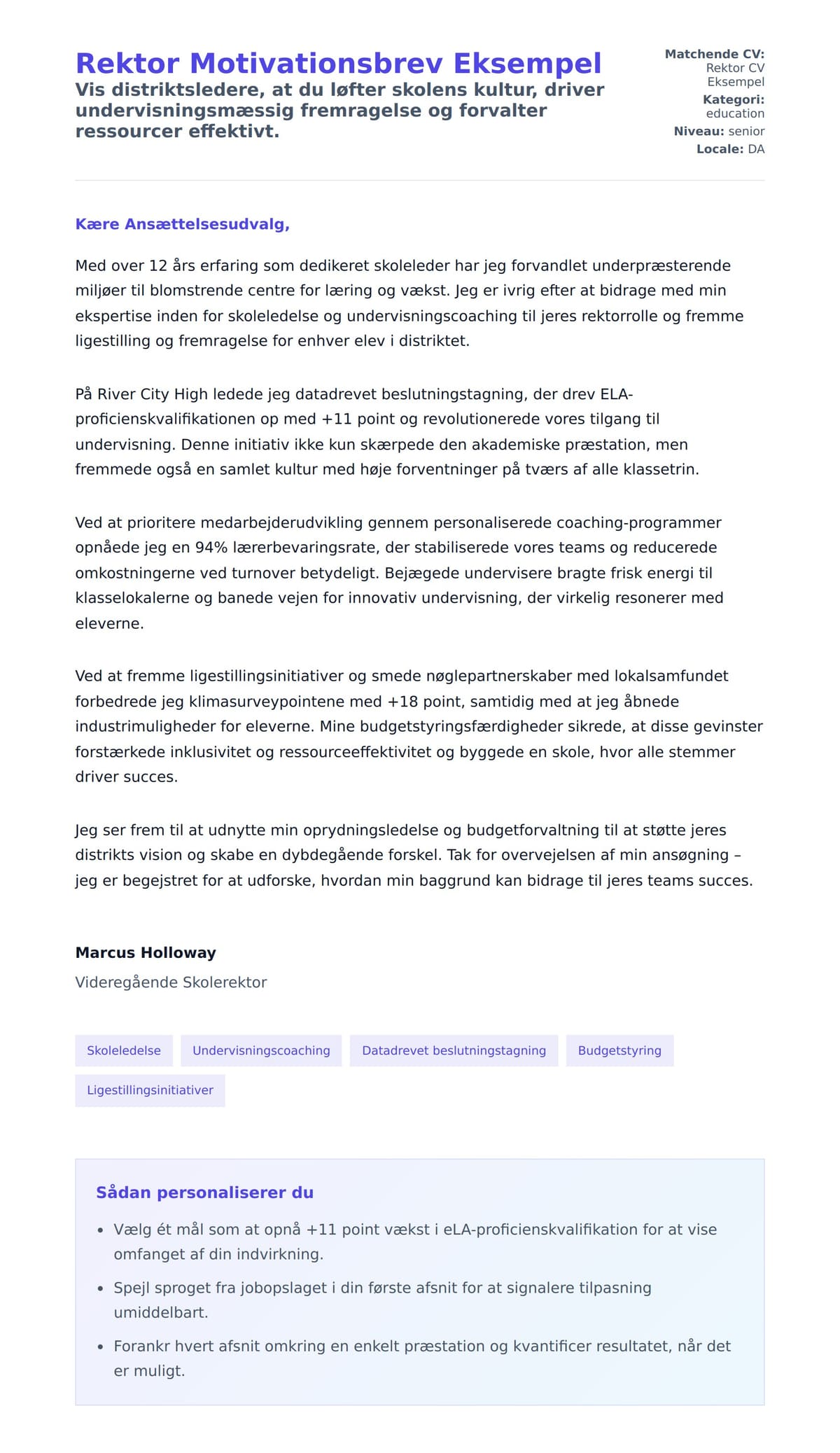 Ansøgningsbrev forhåndsvisning for Rektor Motivationsbrev Eksempel